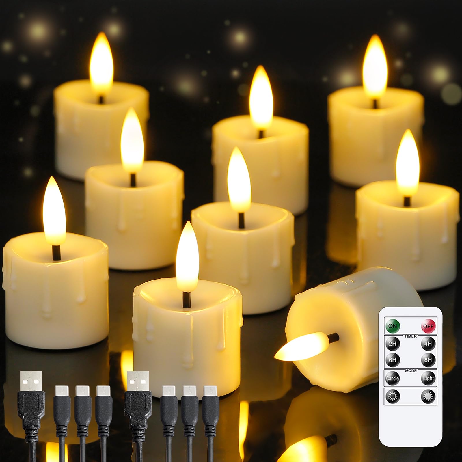 Yeelida Rechargeable Flameless 4cm x6.5cm Tea Light LED Candles with Remote & Type-C Charging Cable