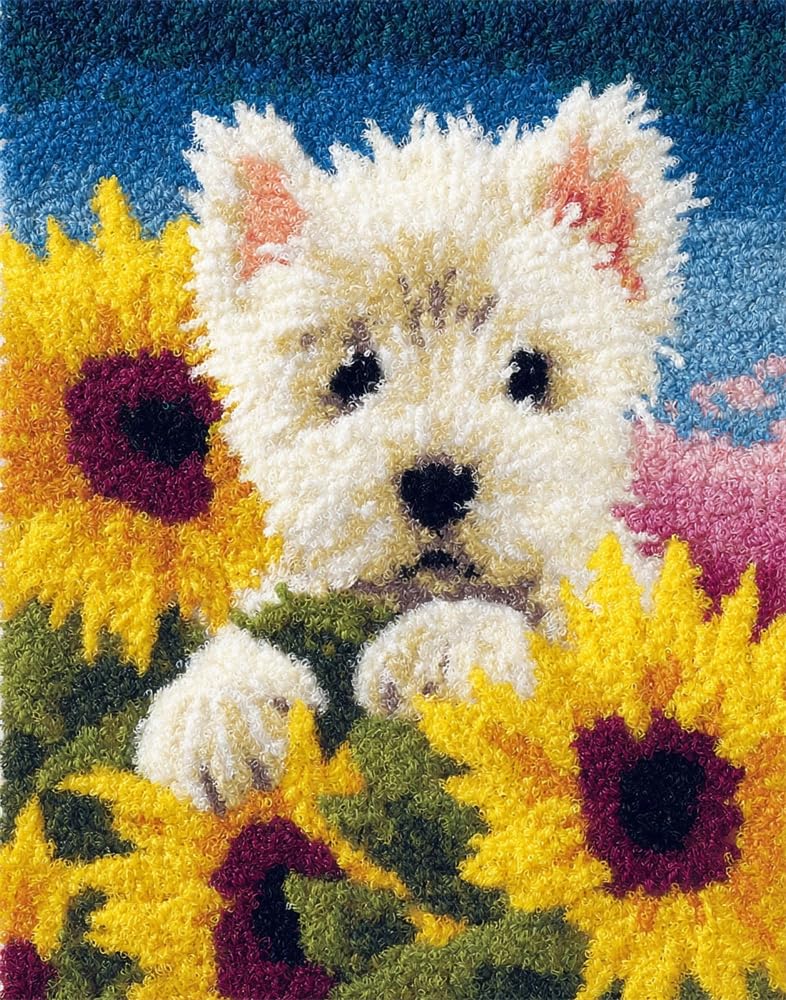 FWRTYCB Latch Hook Rug Kits,Westie Dog Puppy Sunflower