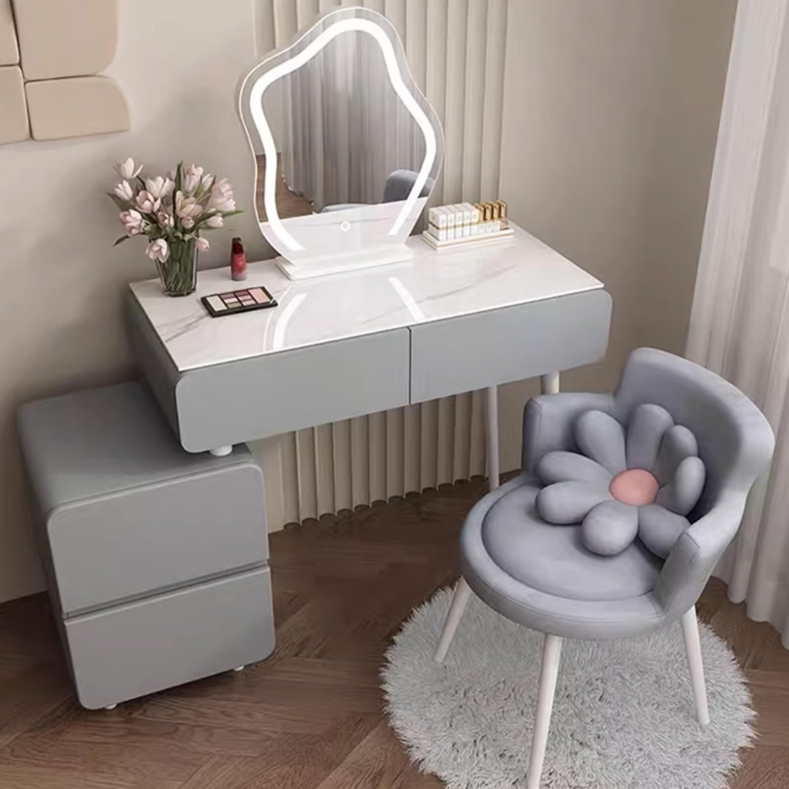 Toeletta da Trucco con Sgabello Tavolo Cosmetici, Liberamente a Scomparsa, Salvaspazio, con Cassetti In Legno Massello e Specchio Per Trucco Smart a Led a Forma di Nuvola ( Color : Gray , Size : 80CM_