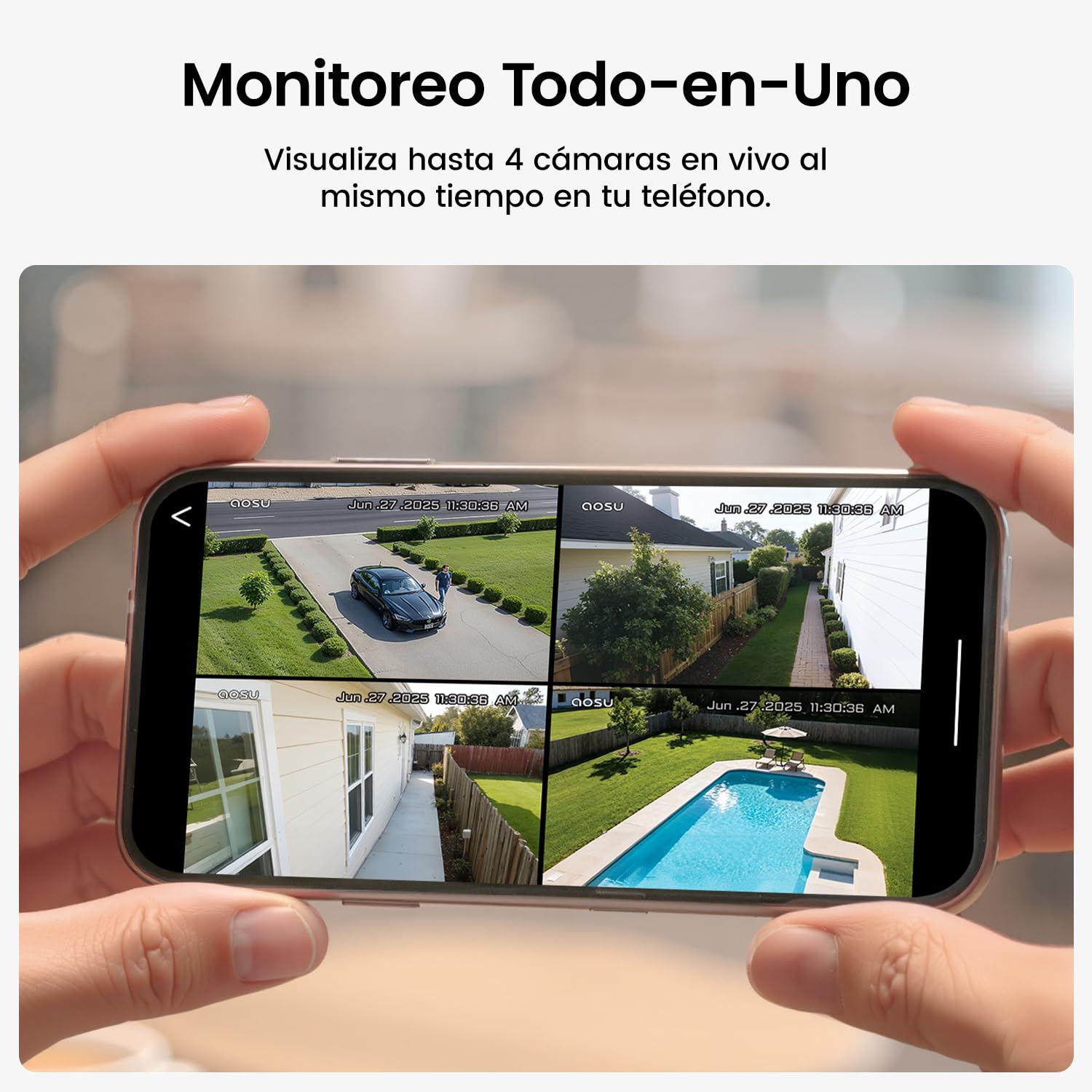 aosu 2K Camara de Vigilancia Solar Exterior, Kit de 4 Cámaras con aosuBase | 360° Pan y Tilt Seguimiento Automático, Audio Bidireccional, Visión Nocturna en Color, 32 GB de Almacenamiento Local