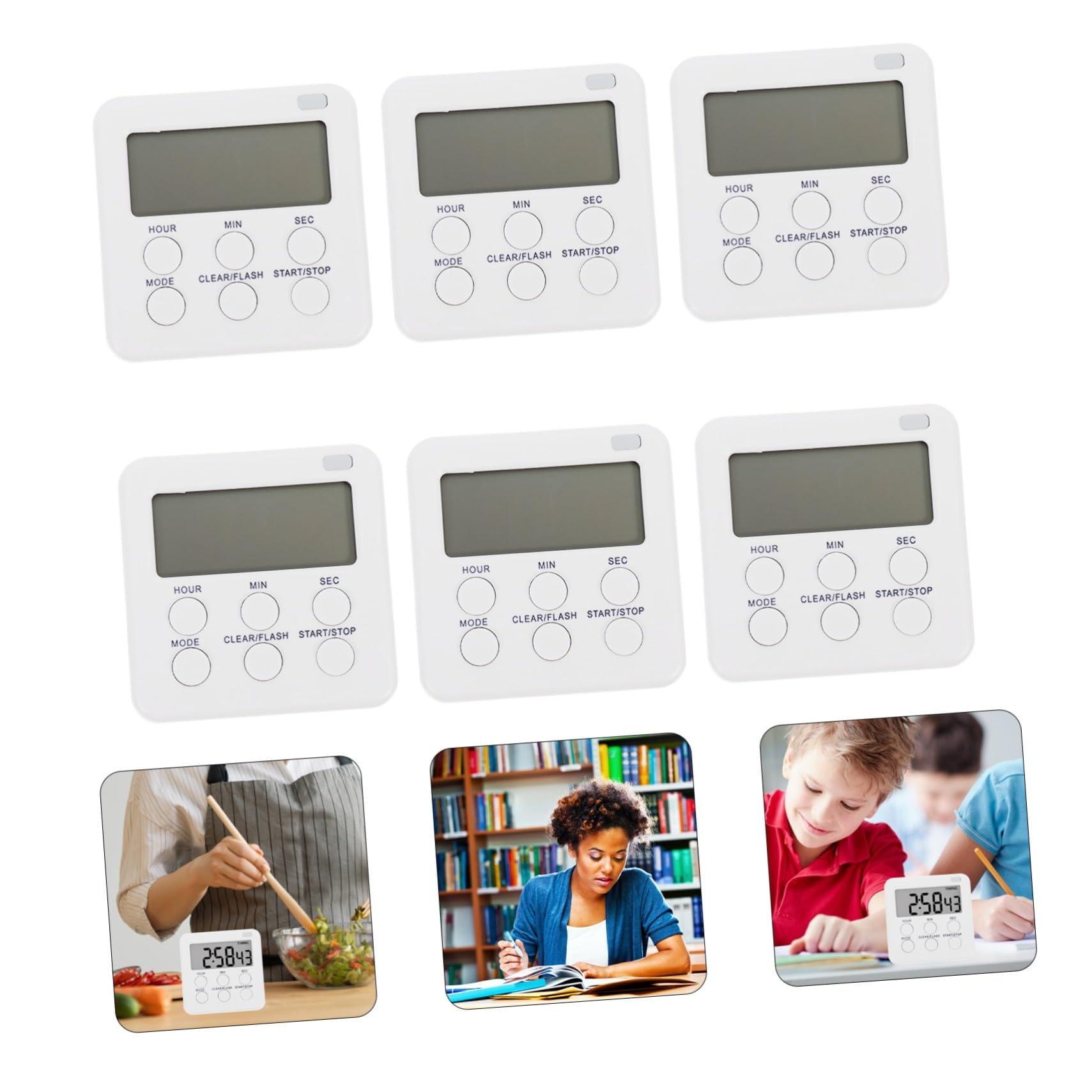 Lot de 6 Minuteurs Numériques Silencieux en Abs, Mode Horloge