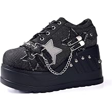 Women Punk Platform Sneakers Gothic Star Pattern Denim Lolita Wedge Heels Shoes Uniform School High Heel Shoes with Chain and Stud Decor