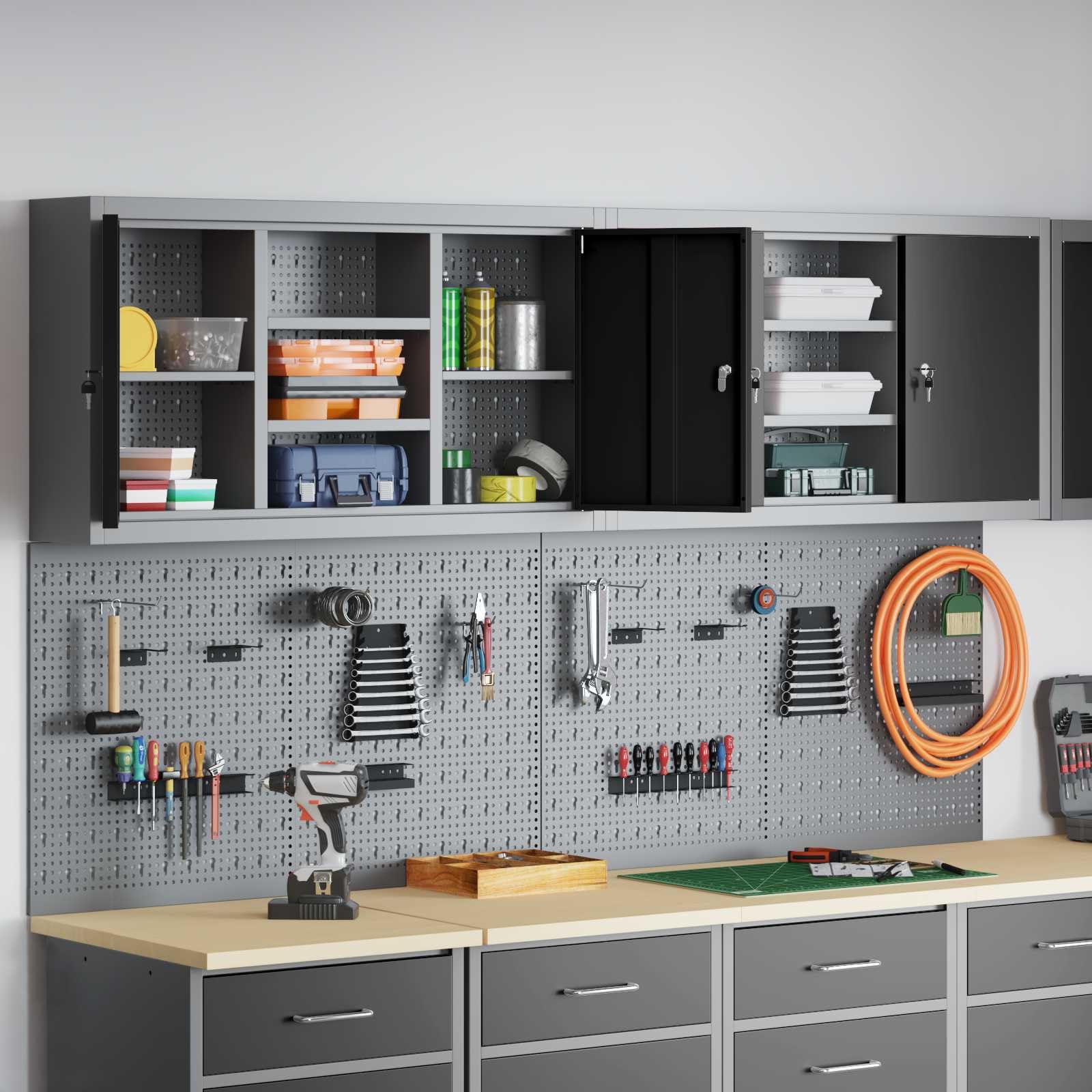 Lot de 6 armoires à outils en acier revêtu par pulvérisation - Montage mural - 200 x 20 x 115 cm - Avec étagères en métal - Plaques perforées - Pour atelier, garage, système de rangement