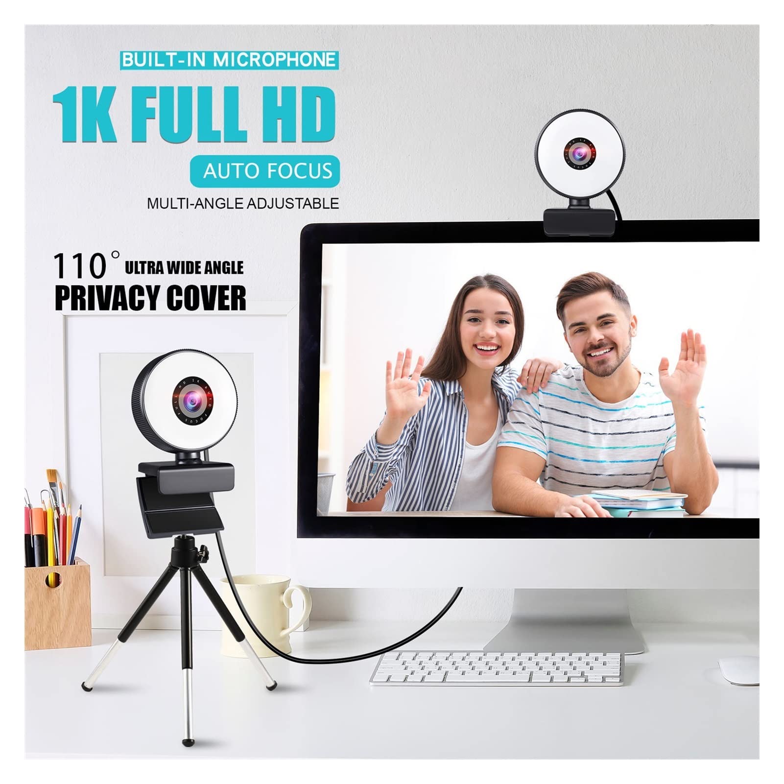 Webcam Webcam 4K Mini Web Camera for PC Computer Laptop with Microphone Auto Focus Light Video Webcam 1080P 2K Live Web Cam Accessories for Recording Calling Conferencing Gaming (2k (with Tripod))