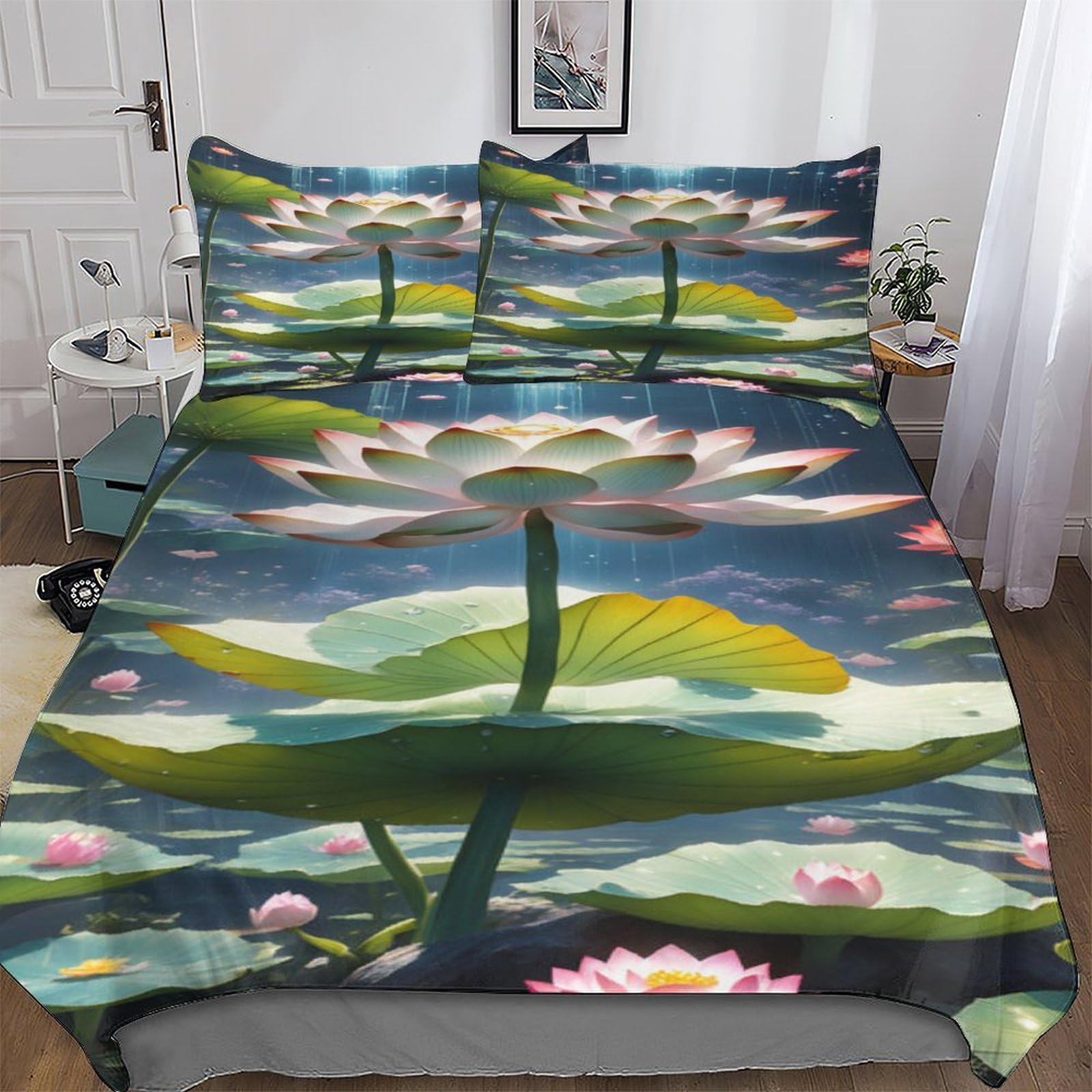 Housse de couette drap housse taies d'oreillers Lotus parure lit 3 pièces