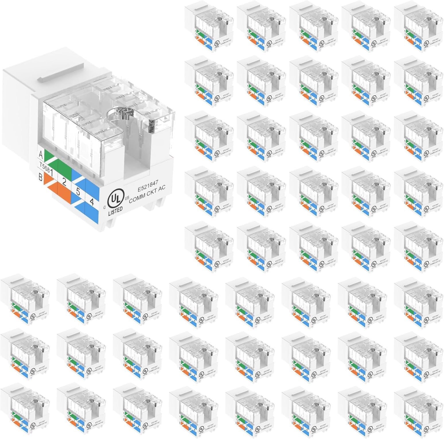 VCE Cat6 RJ45 Keystone Jacks UL Listed 50-Pack, Punch Down Ethernet Wall Jack 90-Degree Adapter in White with 1-Pack Wire Stripper Cutter