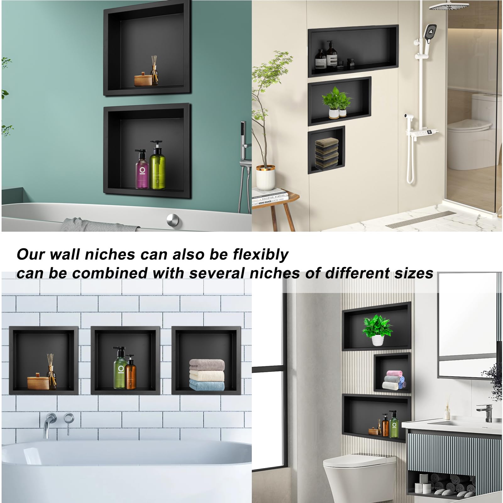 Nisza ścienna 30 x 30 x 10 cm 304 stal szlachetna brodzik prysznicowy czarny do | Przechowywanie w łazience Nie wymaga kafelków Kabina prysznicowa Prysznic jednoczęściowy montaż