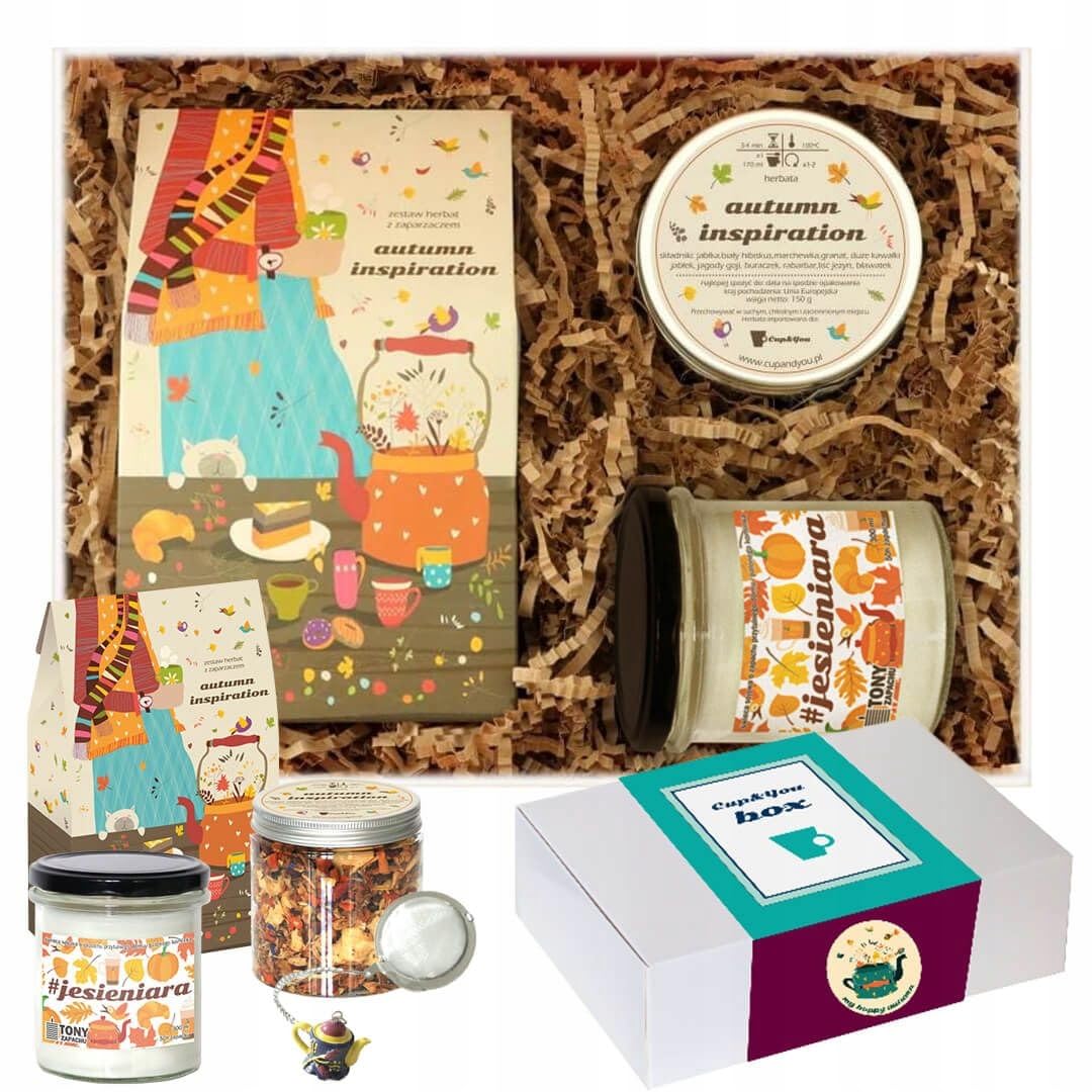 Jesienny BOX prezentowy - zestaw herbat sypanych z zaparzem świeca sojowa zapachowa #JESIENIARA herbata AUTUMN INSPIRATION na prezent upominek
