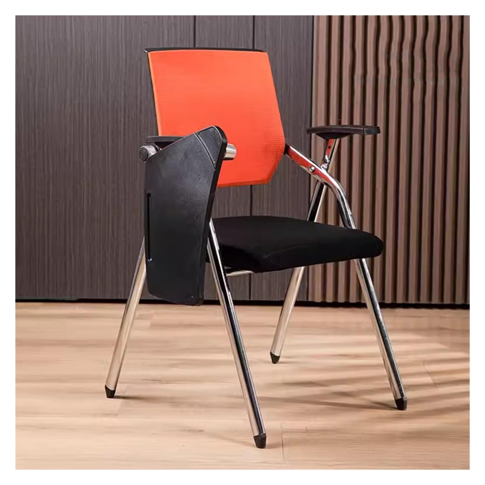 MYUYEE Chairs With Desk Attached,Foldable & Stackable Conference Room Chairs,Folding Office Chair Foldable Reception Chairs With Arms & Tablet For Office (Orange)