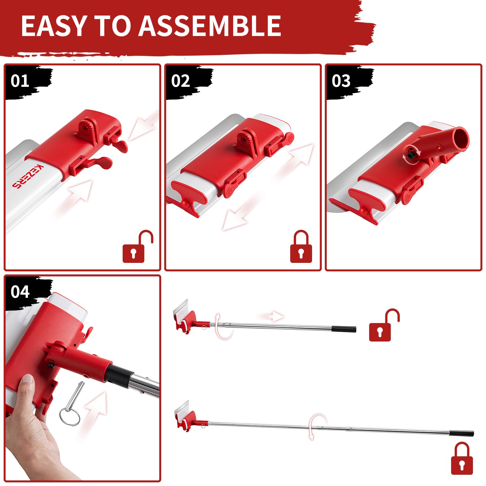 KEZERS Set di spatole per superfici da 25 cm, 40 cm e 60 cm, lama in acciaio inox, con asta telescopica e adattatore, set di spatole con valigetta per grandi aree di lavoro, decorazione da parete