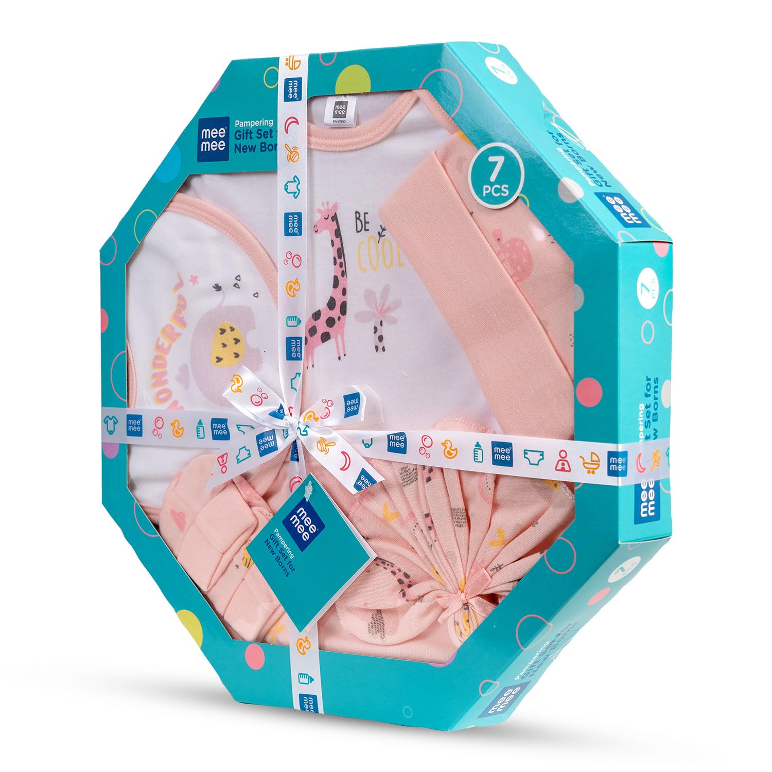 Mee Mee New Born Baby Gift Set | Soft Cotton Clothing Essentials for Infants/Baby Girls, Boys | Baby Shower Clothing Hamper (7 Pieces, Pink)| Ideal Gift for New Born Baby