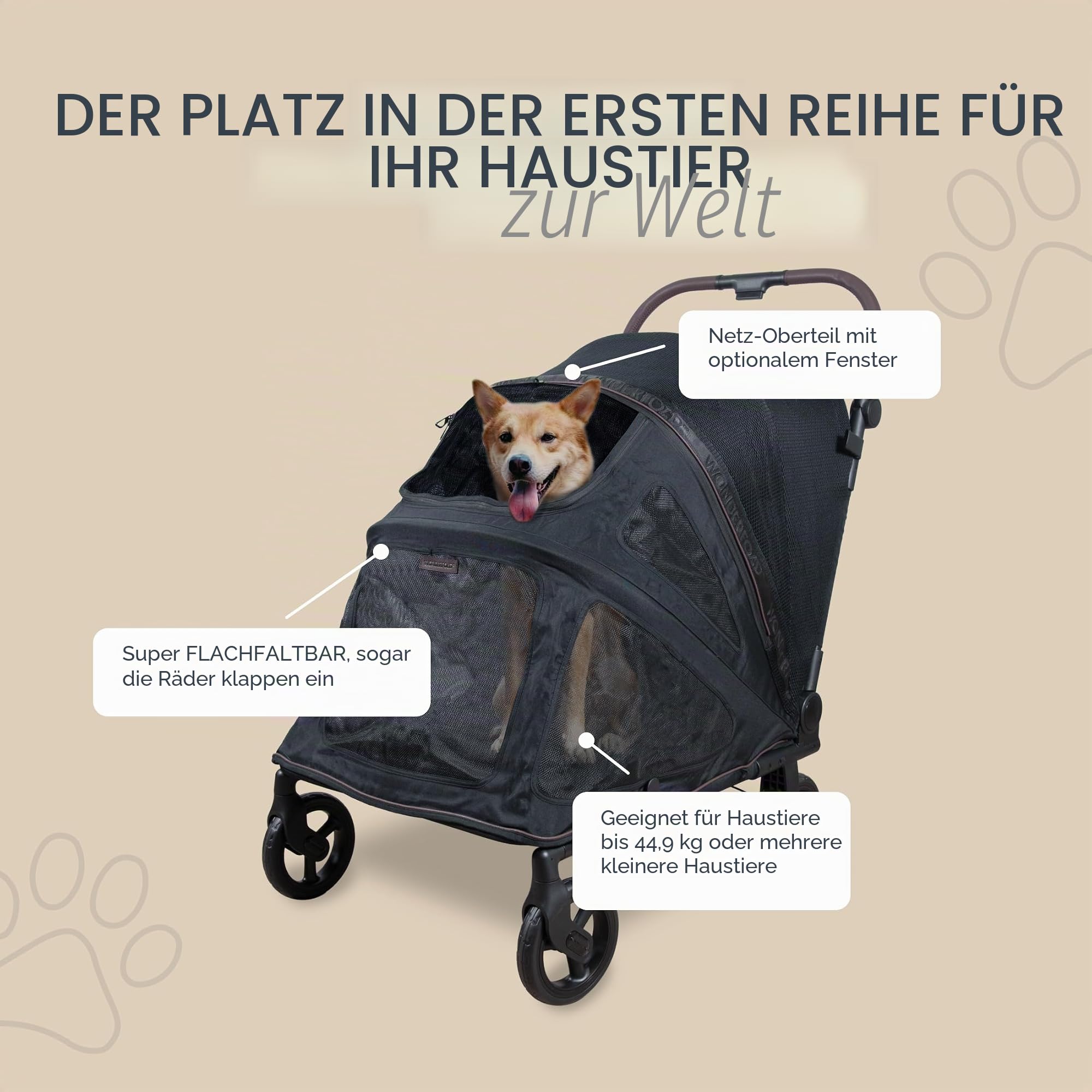 Wonderfold PFL Pet Large Premium Flat Fold Stroller – faltbarer Hundebuggy bis 45?kg, All?Terrain Räder, großer Einstieg, atmungsaktive Netze, flach faltbar – Jet Black