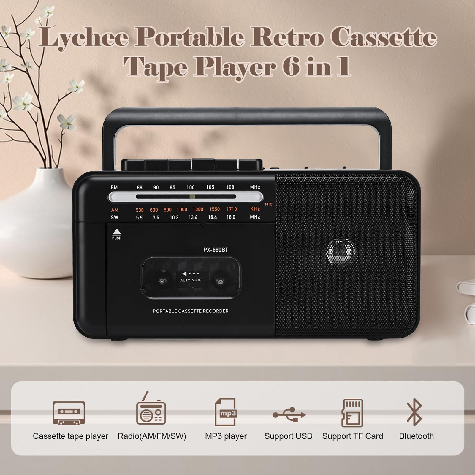 Lychee Draagbare taperecorder, vintage cassetterecorder met AM/FM/SW-radio, ingebouwde luidspreker, AC/DC/3,5 mm hoofdtelefoonaansluiting, ondersteuning TF-kaart/ USB-ingang (zwart