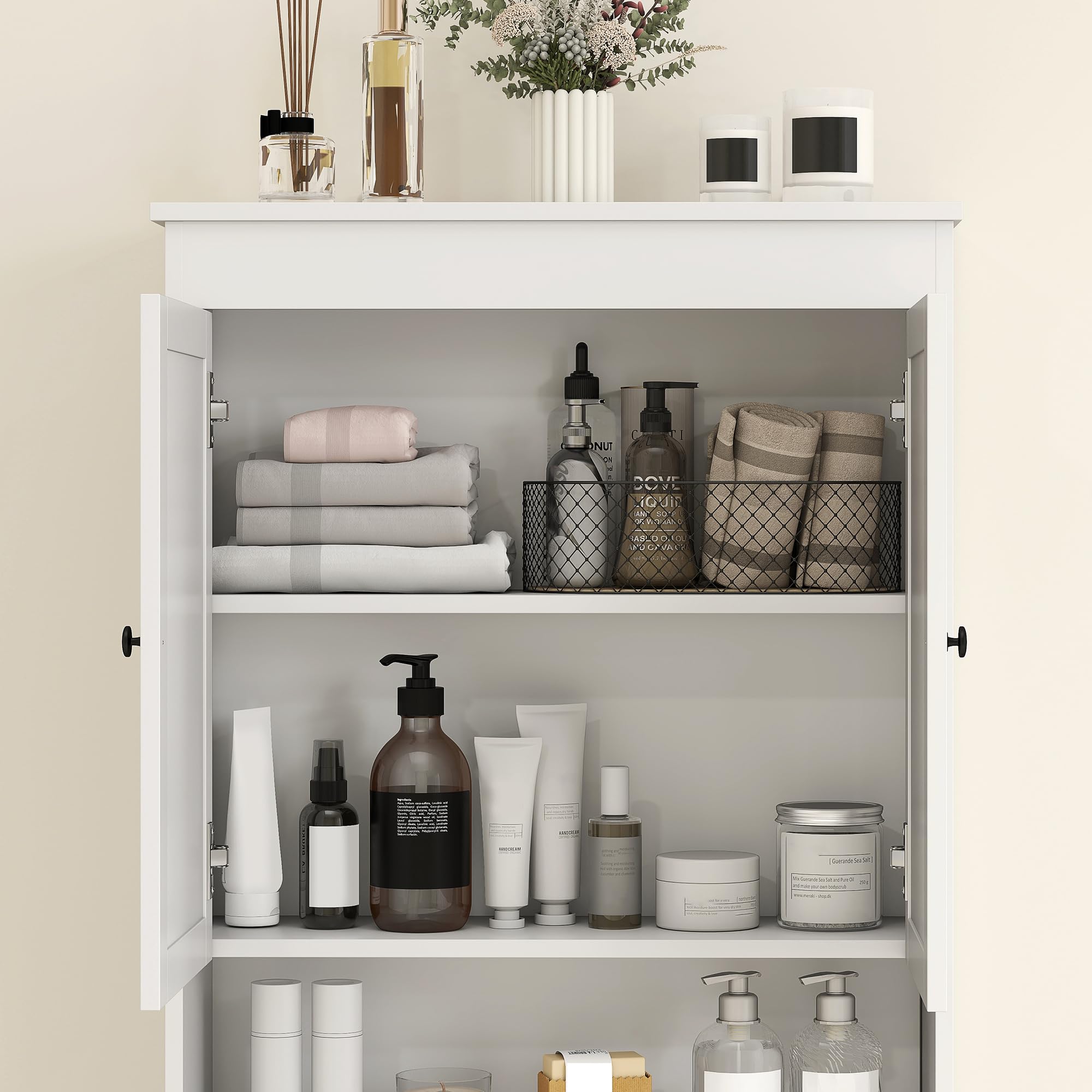 HOMCOM Mobile Sopra WC con 2 Mensole Chiuse, Ripiano Aperto e Soft Close, Mobile Contenitore Salvaspazio in Legno, Scaffale Sopra WC, 65x22x161 cm, Bianco