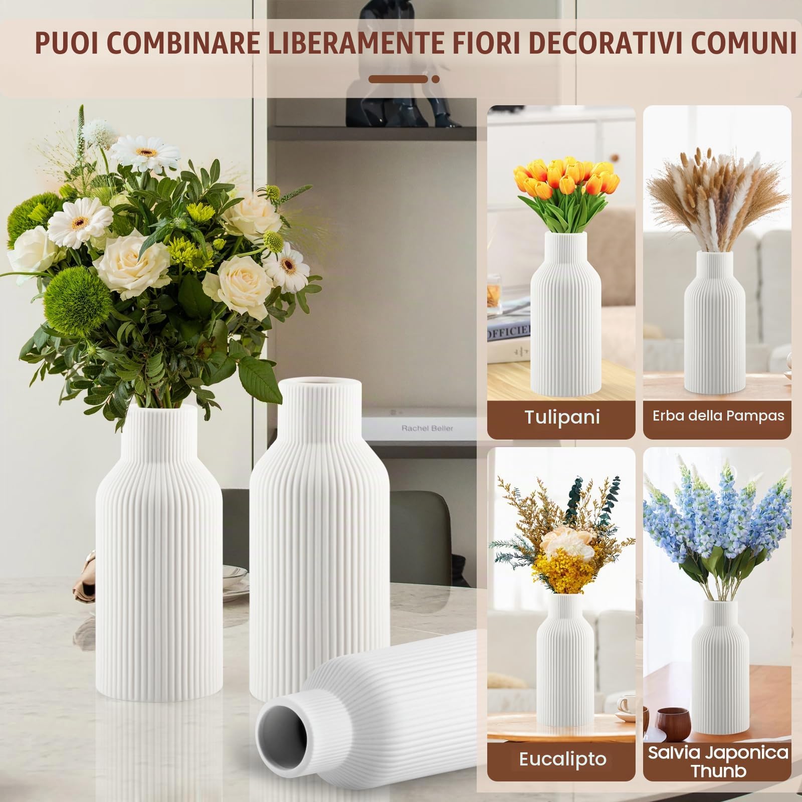 Vaso Fiori FoiiLiio Vaso Bianco in Ceramica Set di 3 (Grande+Media+Piccola) Vasi Decorativi Interno Moderni per Erba Pampa, Fiori Freschi, Fiori Secchi