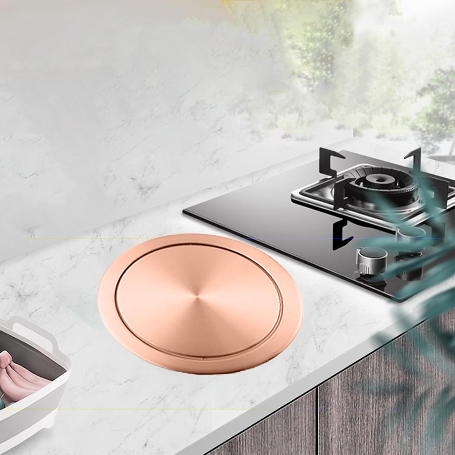 Round Trash Can Lid, Stainless Steel Balance Swing Flap, Recessed Countertop Trash Covers, Embedded Waste Chute Lid for Kitchen Bathroom Office,Rose Gold