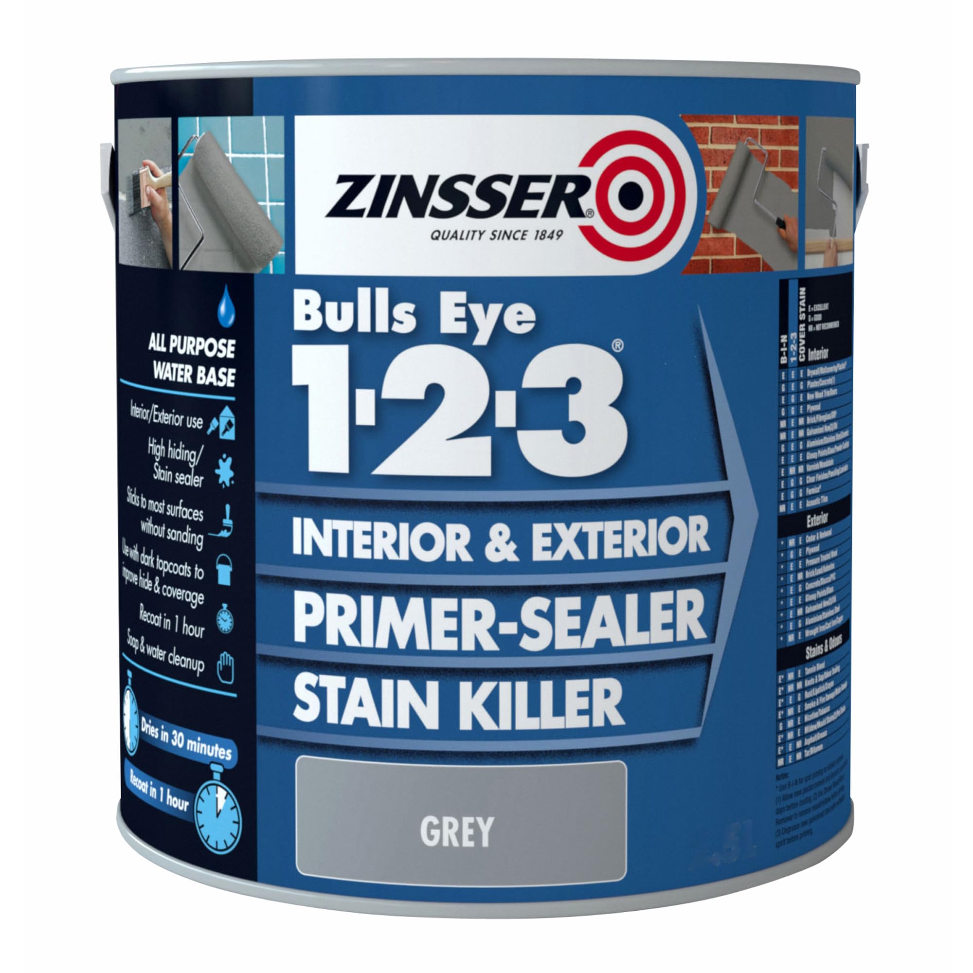 Zinsser Bulls Eye 1-2-3 Primer-Sealer & Stain Killer 1 Litre Ready Mixed Colour - Grey