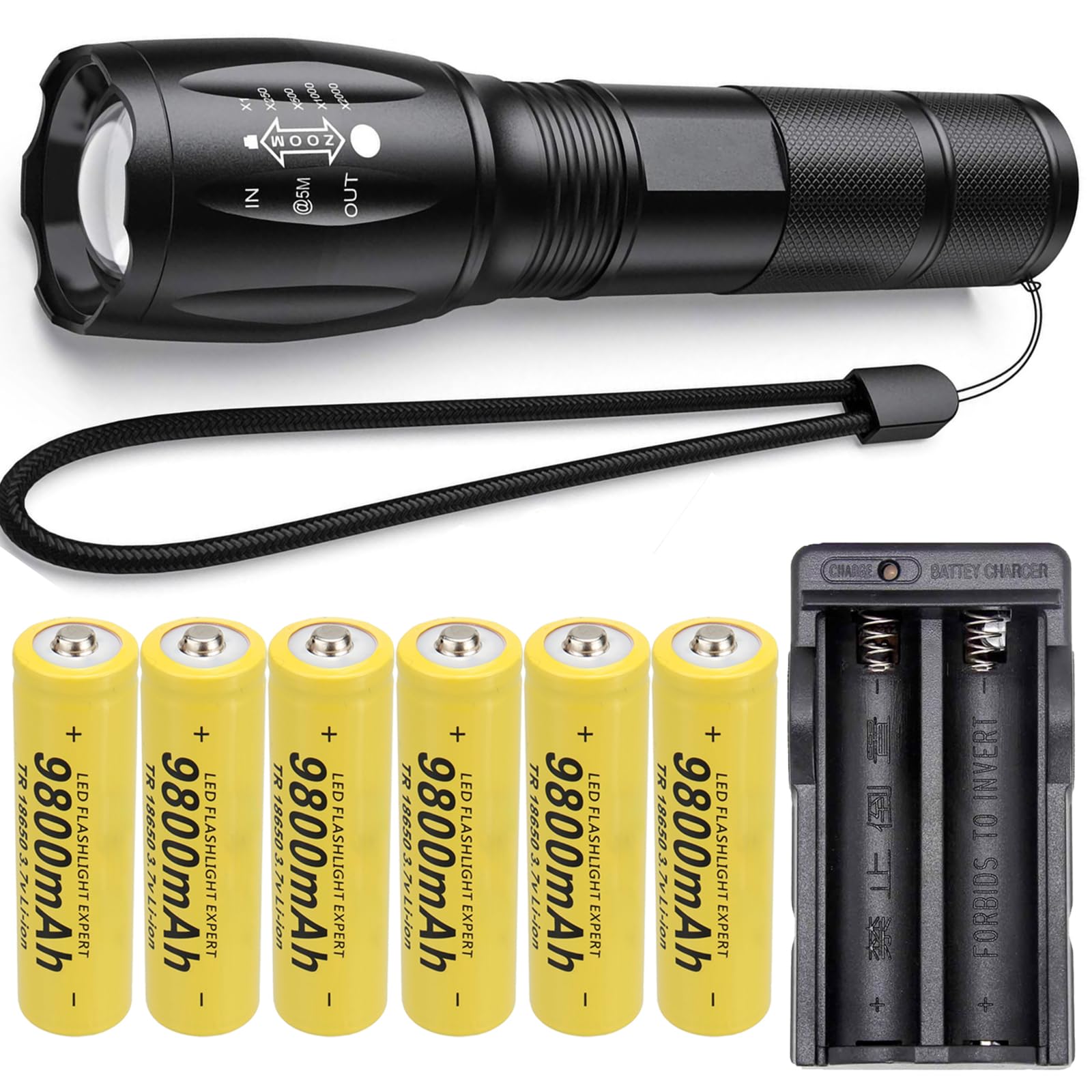 Swanlake Tactical Flashlight and 18650 Battery Charger Set,Super Bright Handheld Flashlights for Outdoor, Emergency(Use 9800mAh High Capacity Battery)