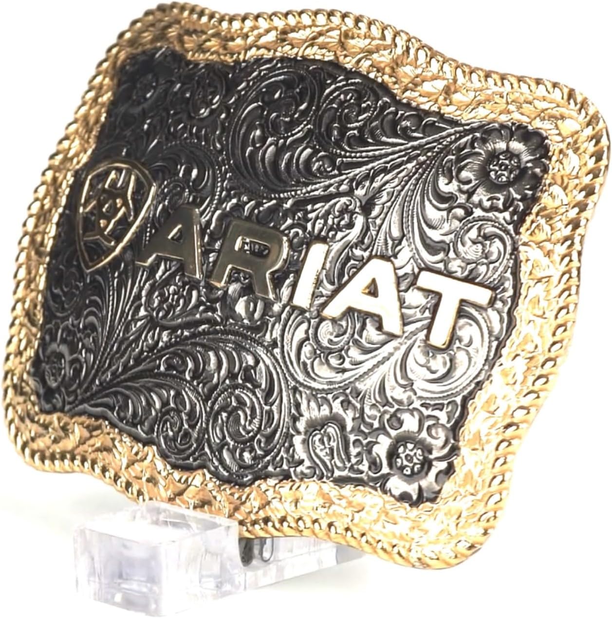 ARIAT Rectangle Buckle, Antique Silver and Gold Finish, Word and Shield Logo, 4-1/2" x 3-1/2"