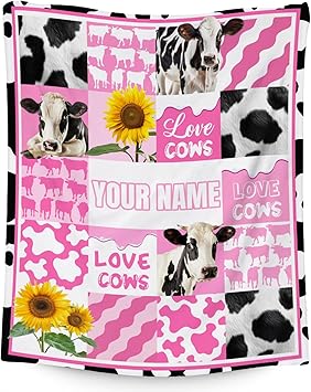 Custom Cow Throw Blanket, Cozy Soft Throw Gifts for Women, Cute Colorful Flannel Throw Blankets for Couch Office, 60x80 Inches