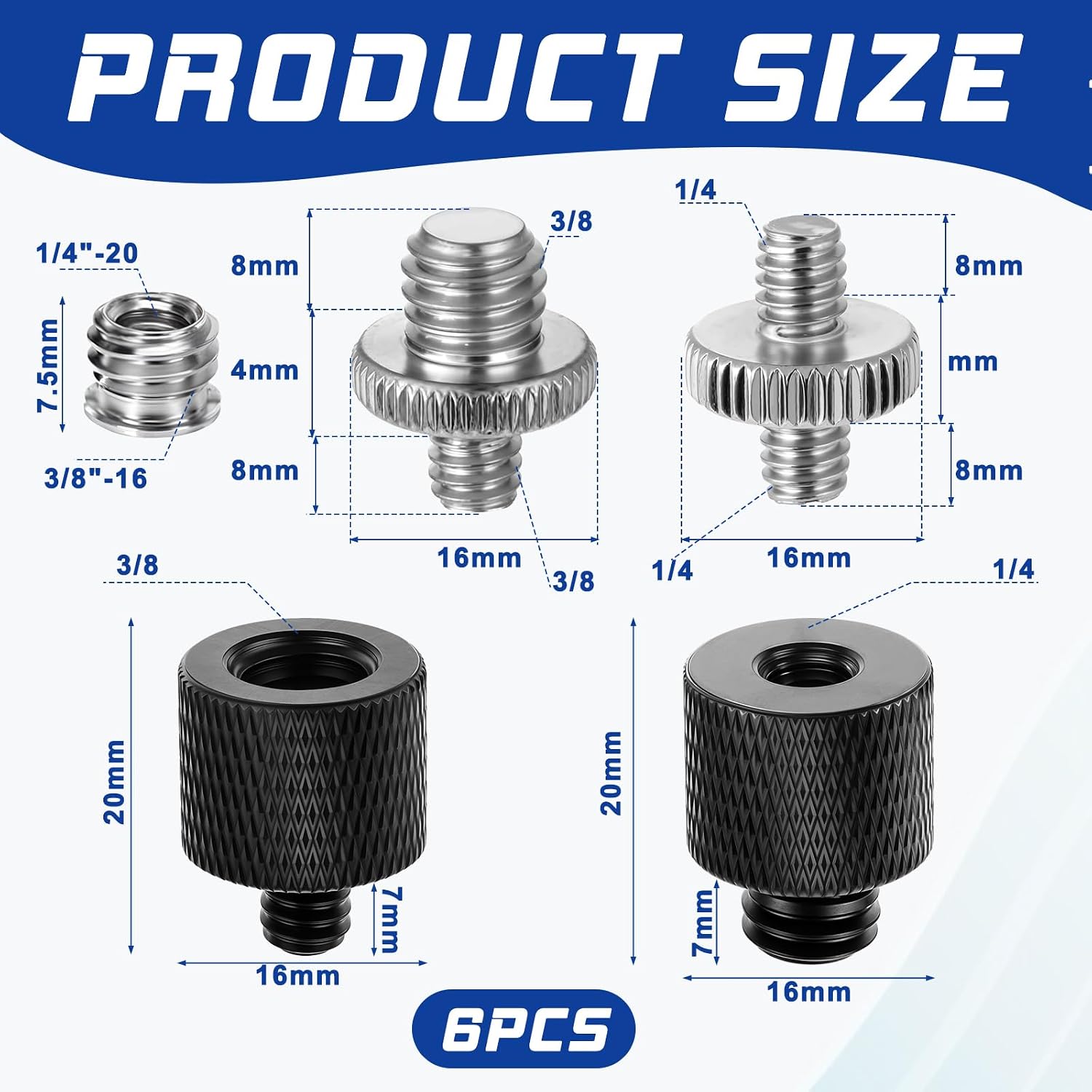 Tripod Screw Adapter 6 Pcs Aluminum Threaded Converter 1/4 Male to 3/8 Female and 3/8 Male to 1/4 Female for Tripod Camera Monitor Mic Stand Light Stand