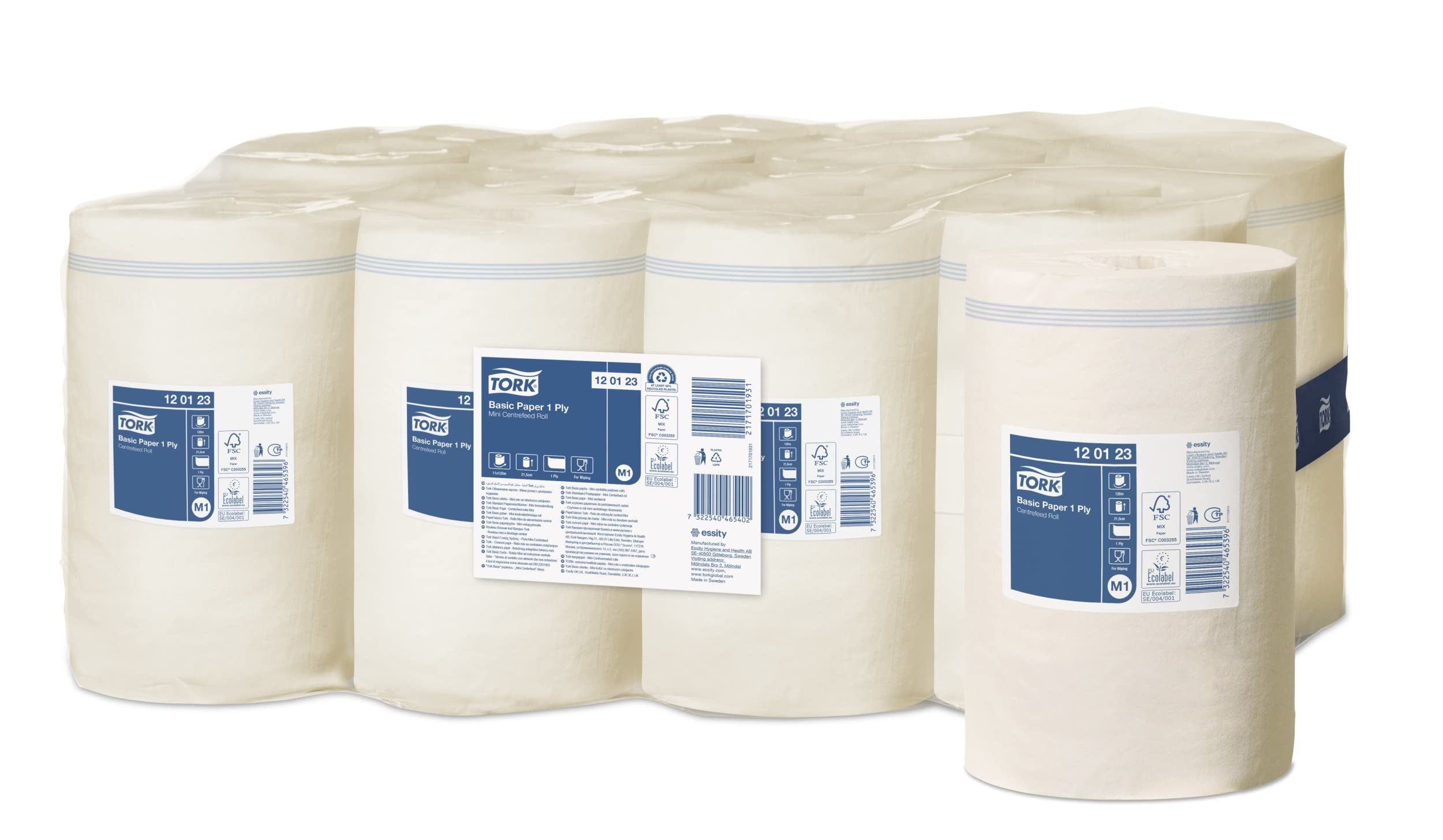 Tork 120123 Papel de secado básico Universal de 1 capa compatible con el sistema de alimentación central pequeño M1, blanco, 11 rollos x 120m