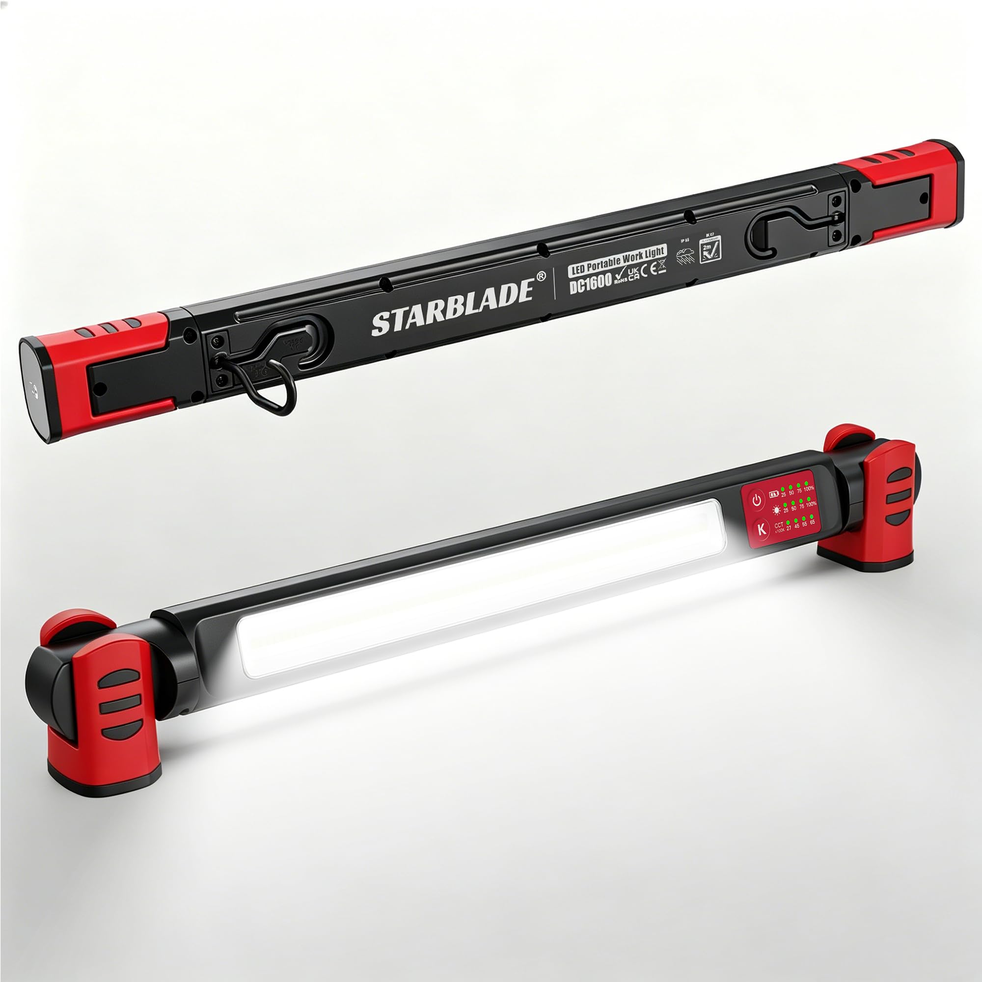 STARBLADE LED Werkstattlampe, Akku Arbeitsleuchte mit Magnet (Red) | IP65/IK07 Wiederaufladbare USB-C Magnetlampe, 7800mAh Motorraumleuchte & Haken für KFZ Auto-Reparatur, Werkstatt, Camping