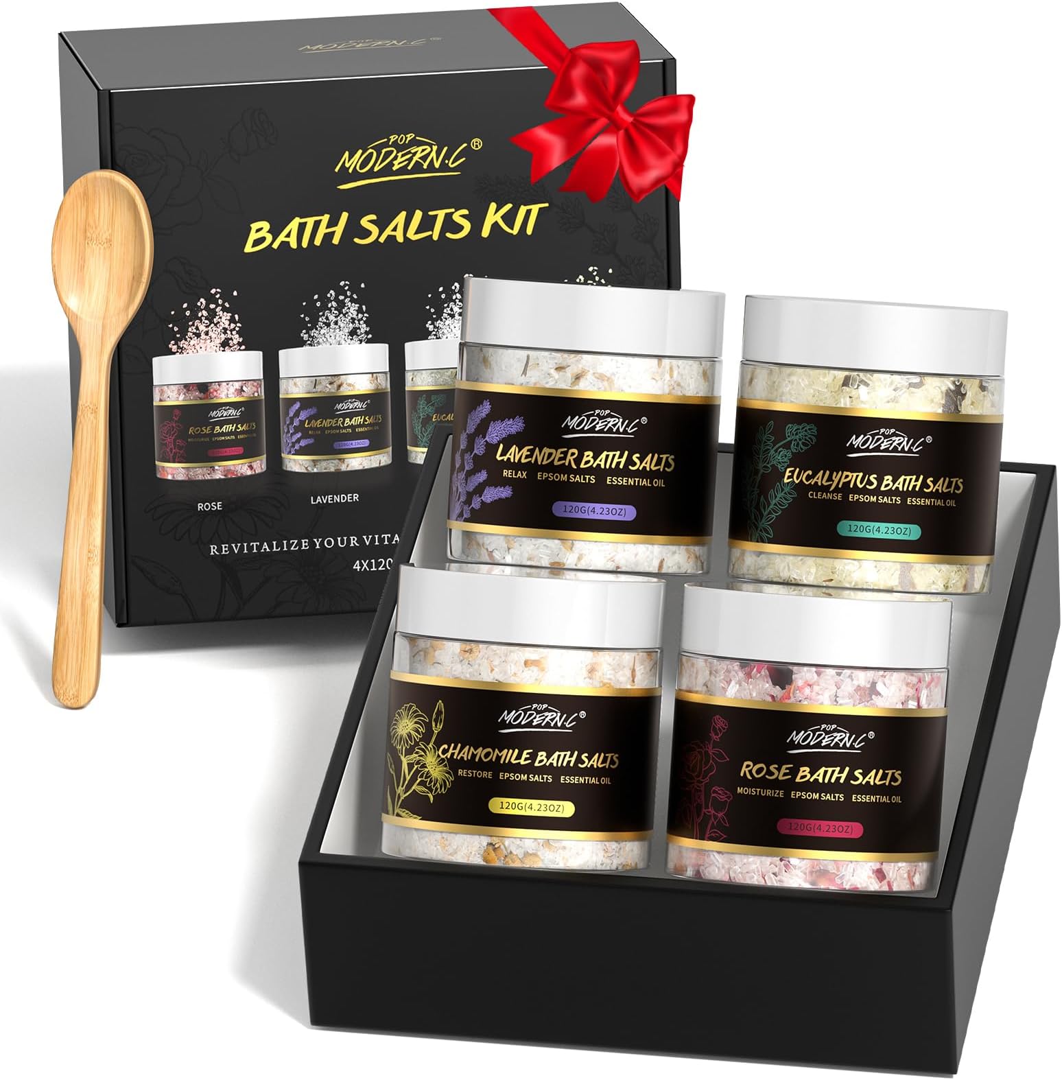 Epsom Bath Salts Gift Set for Soaking 4pcs Bath Salts with Essential Oils for Women Relaxing Lavender Eucalyptus Rose Chamomile Bath Set for Women Luxury Spa Birthday Mother's Day Christmas Gift