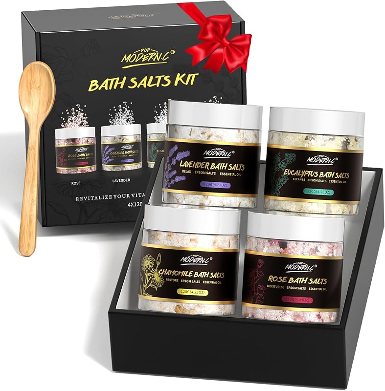 4PCS Epsom Bath Salts Gift Set for Women Relaxing Bath Soak Spa Gifts | Bath Salts with Essential Oils Lavender Eucalyptus Rose Chamomile Bath Set Luxury Spa Birthday Mother's Day Christmas Gift