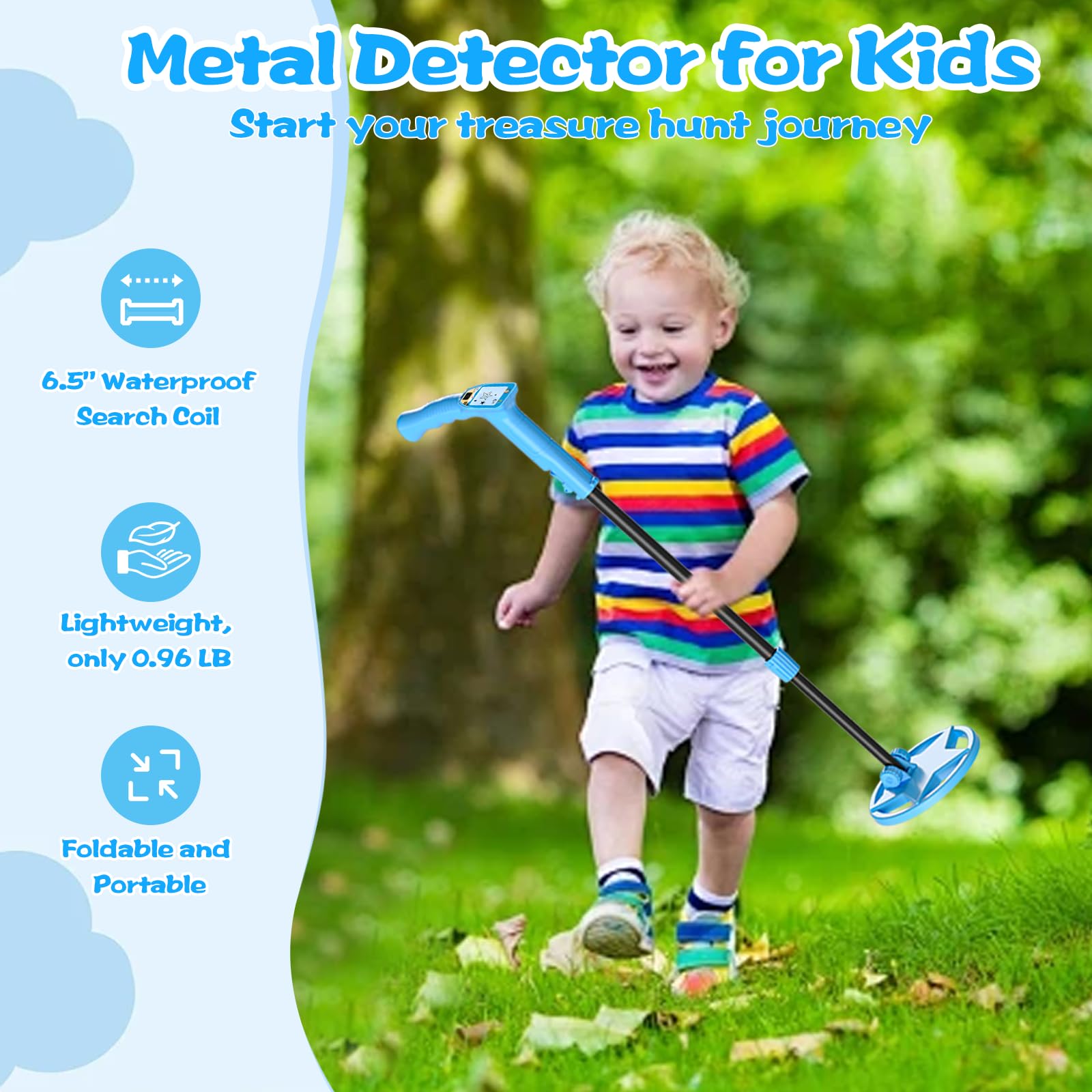 KWUY Metal Detector for Kids, Adjustable 24.5”-33.5” Waterproof Beach Kids Metal Detector with 6.5’’ Search Coil and LCD Display for Treasure Hunting (Blue)