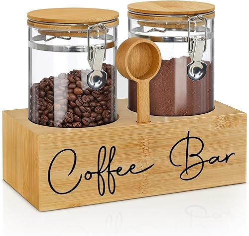 Contenedores de café de vidrio con estante, organizador de estación de café, tarros de almacenamiento de vidrio con cuchara, almacenamiento de