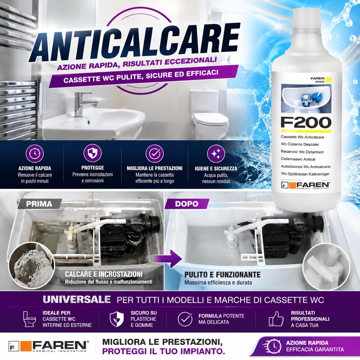 FAREN - Disincrostante Anticalcare F200, Elimina Incrostazioni di Calcare dalle cassette di scarico, Sicuro su Plastiche e Gomme, Efficiente ed Economico, 1L | Elimina Incrostazioni di Calcare da Serbatoi d'Acqua del Water, Sicuro su Plastiche e Gomme, Ef