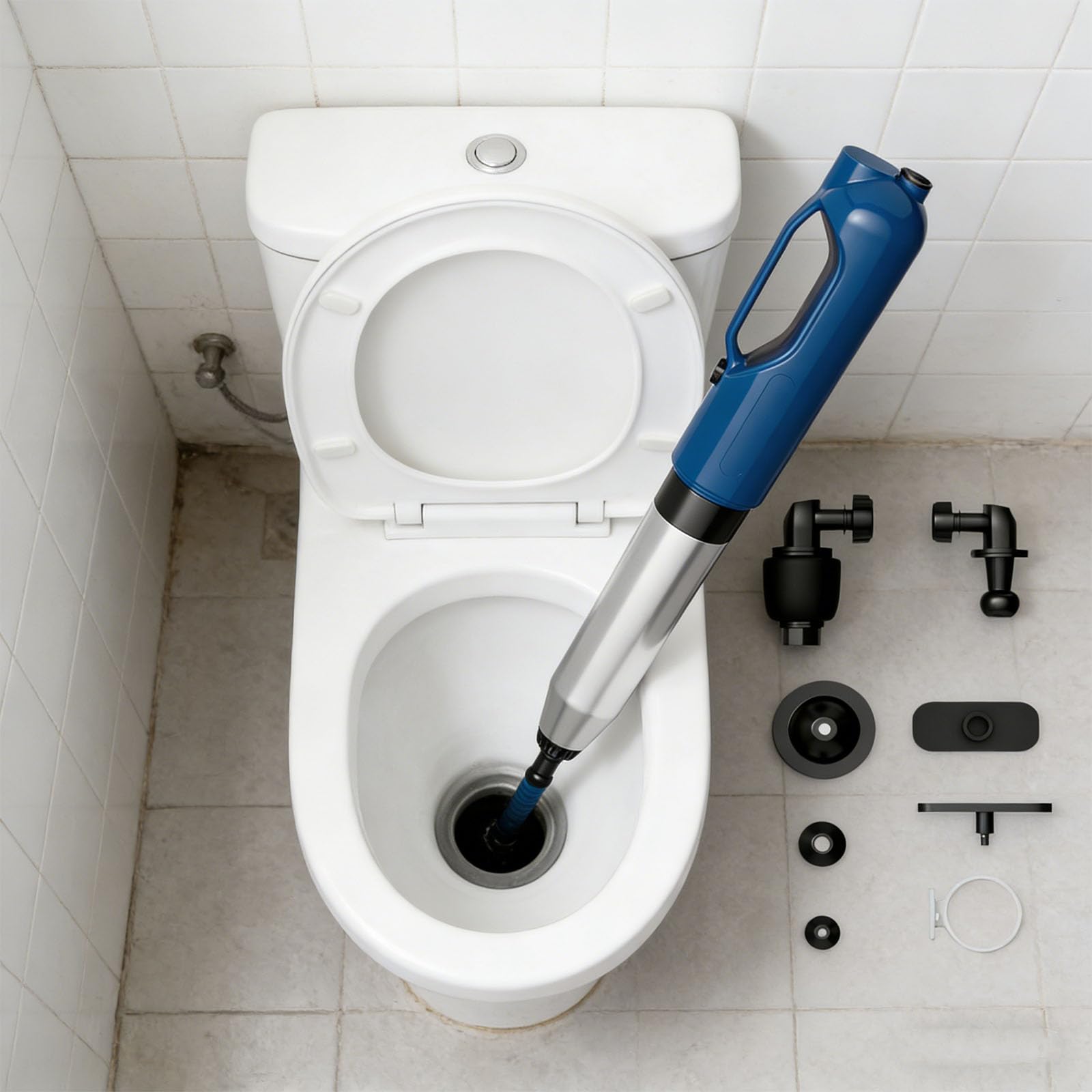 Déboucheur de toilettes robuste en acier inoxydable avec affichage de la pression active pour un retrait rapide des blocages Piston ventilateur intégré