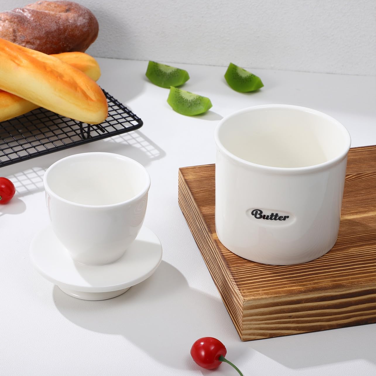 BESTonZON Ceramic Butter Keeper with Stainless Steel Cutting Tool Porcelain Butter Dish with Lid for Countertop Use