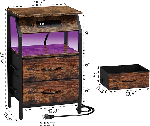 Miniatura 3 de Mesa auxiliar con luces LED, mesita de noche con 2 cajones y estación de carga tipo C, cómoda de tela pequeña para mesita de noche, mesa auxiliar de