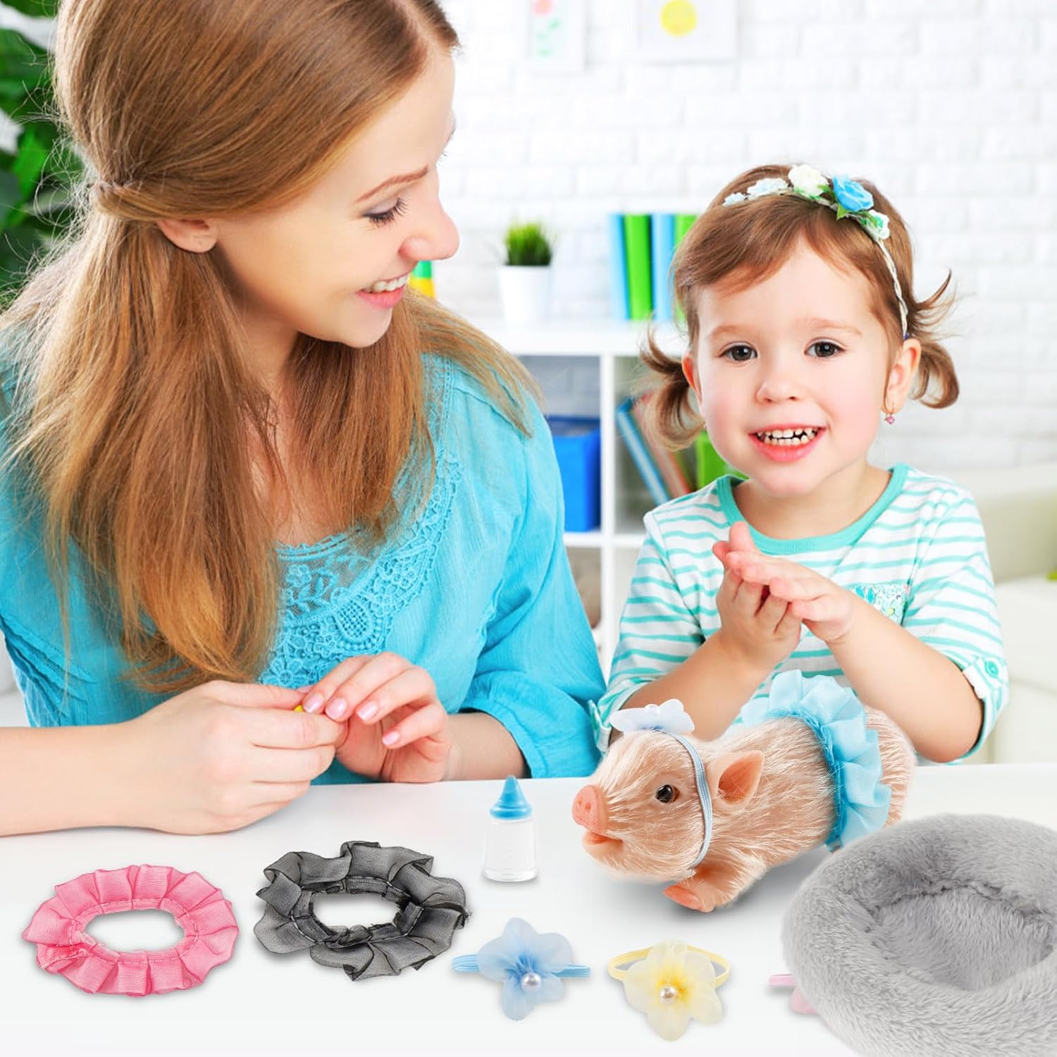 HOTBEST Silicone Pig Silicone 5 Inch Lifelike Pig Doll with Nursing Bottle and Clothing Accessories Cute Realistic Miniature Reborn Interesting Full Body Toys (White F)