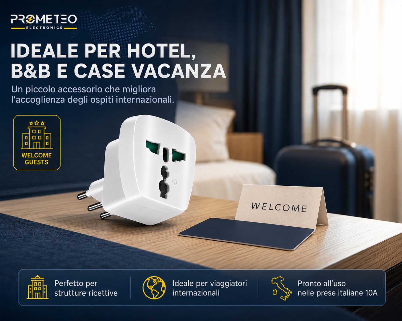 Set 6 Adattatore Universale da Viaggio Presa Mondo Spina Italiana 10A 1500W | Presa multistandard USA UK EU AUS Cina Giappone, per hotel B&B ospiti stranieri, compatto, non converte tensione