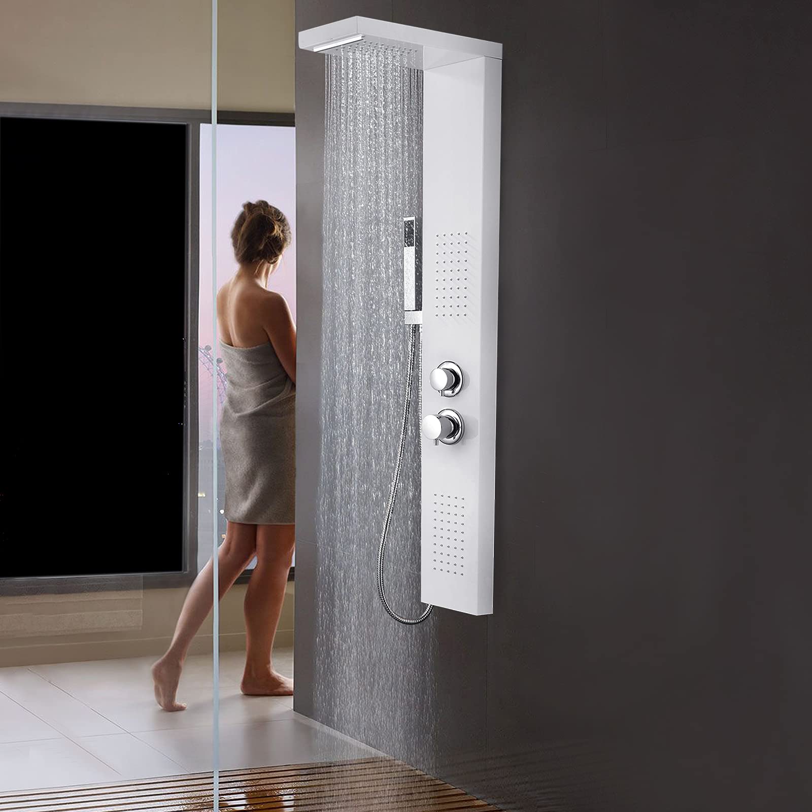 FIVMEN Sistema de ducha multifuncional con 4 funciones, acero inoxidable 304, ducha con efecto lluvia, ducha de mano, ducha de masaje, ducha cascada, columna de ducha interior/exterior, juego de