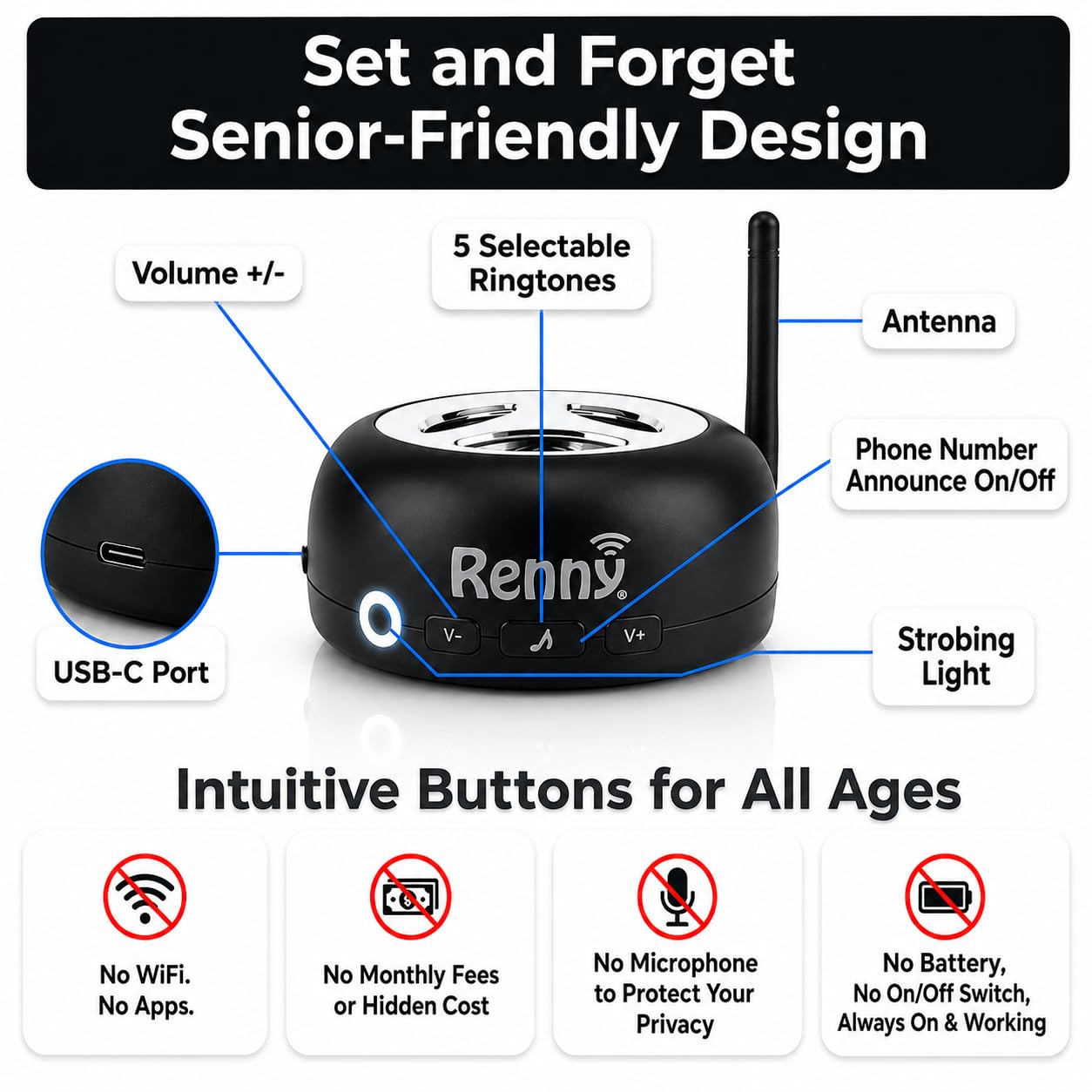 RENNY - Suoneria per telefoni cellulari rumorosi, amplificatore e lampeggiatore per ambienti con problemi di udito e rumorosi (117 dB) | Connessione automatica Bluetooth wireless | 5 suonerie