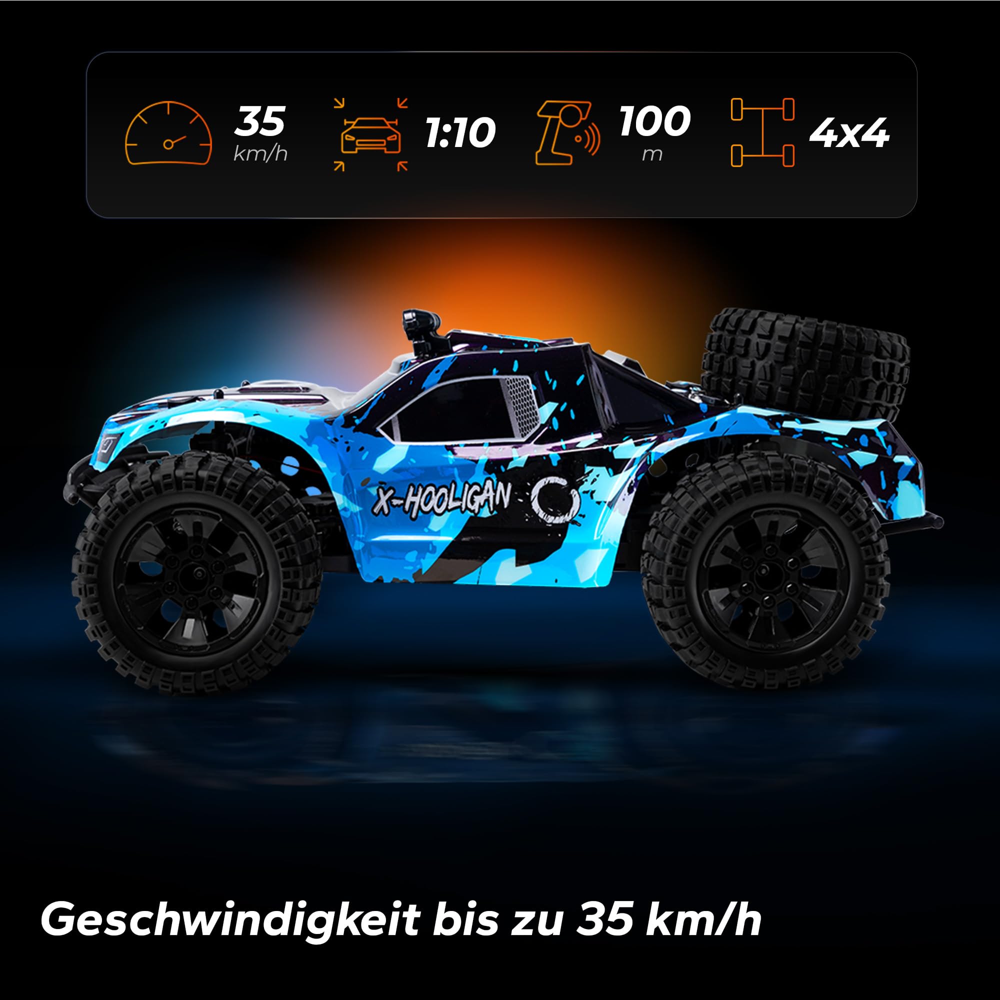 Overmax Hooligan RC Auto 1:10, 35 km/h 4WD, 100 m Reichweite, 2×1800 mAh Akku/40 Min, IPX5, 10 cm Reifen, LED, Metallantrieb | Akku/40 Min, IPX5, 10 cm Reifen, LED, Metallantrieb