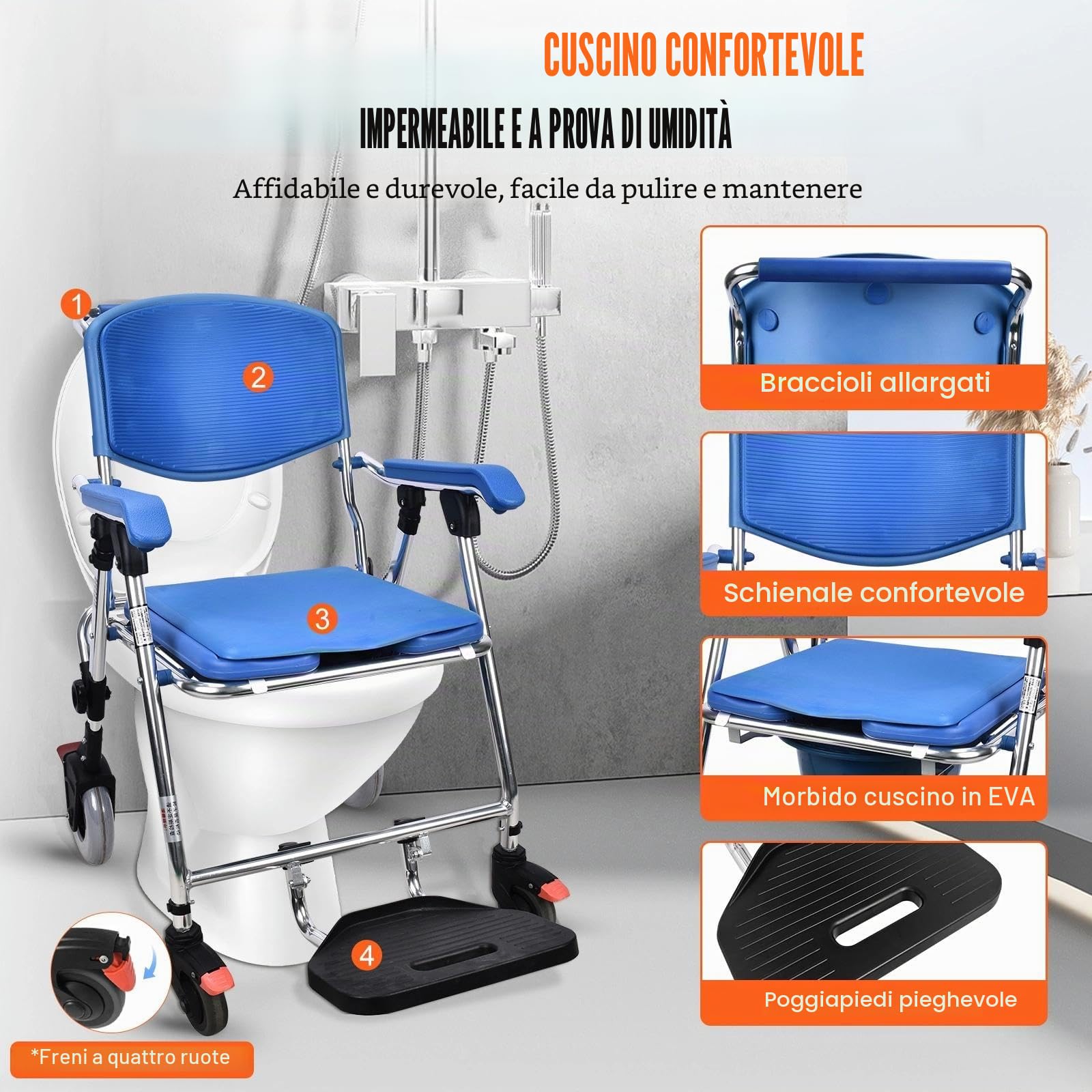 Sedia Comoda WC per Anziani con Rotelle, Capacità di Carico:150kg | Sedia Doccia Disabili con Ruote Pieghevole, Sedia a Rotelle Doccia con Seduta e Schienale Comodi, Quattro Ruote con Freni