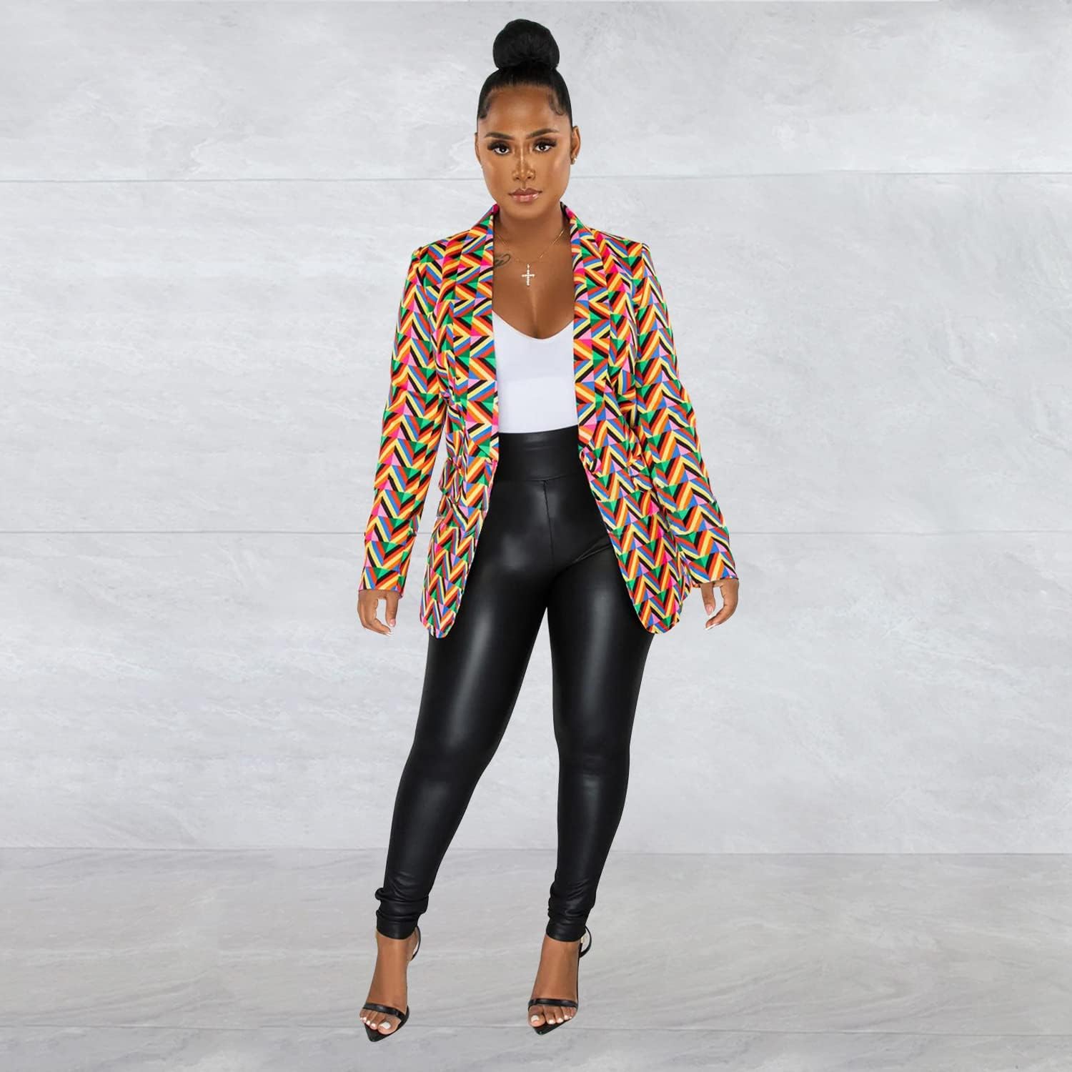 BFFBABY Women's Graphic Print Blazer Button Open Front Lapel Collar Long Sleeve Casual Jacket Multicolored - Image 2