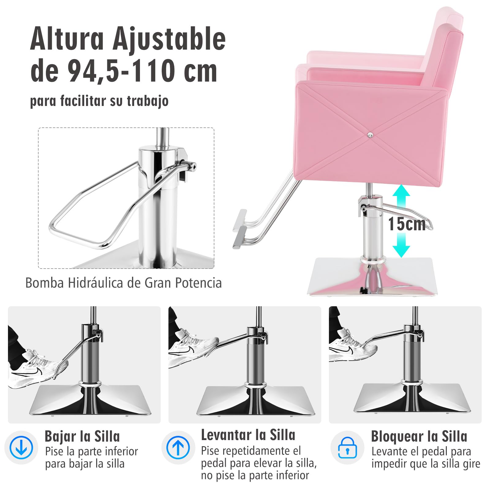 COSTWAY Silla de Peluquería con Bomba Hidráulica, Silla de Peluquería con Giro de 360°y Base Galvanizado, Altura Ajustable de 15 cm,Capacidad 150 kg, Silla de Salón Belleza para SPA, Barbería (Rosa)