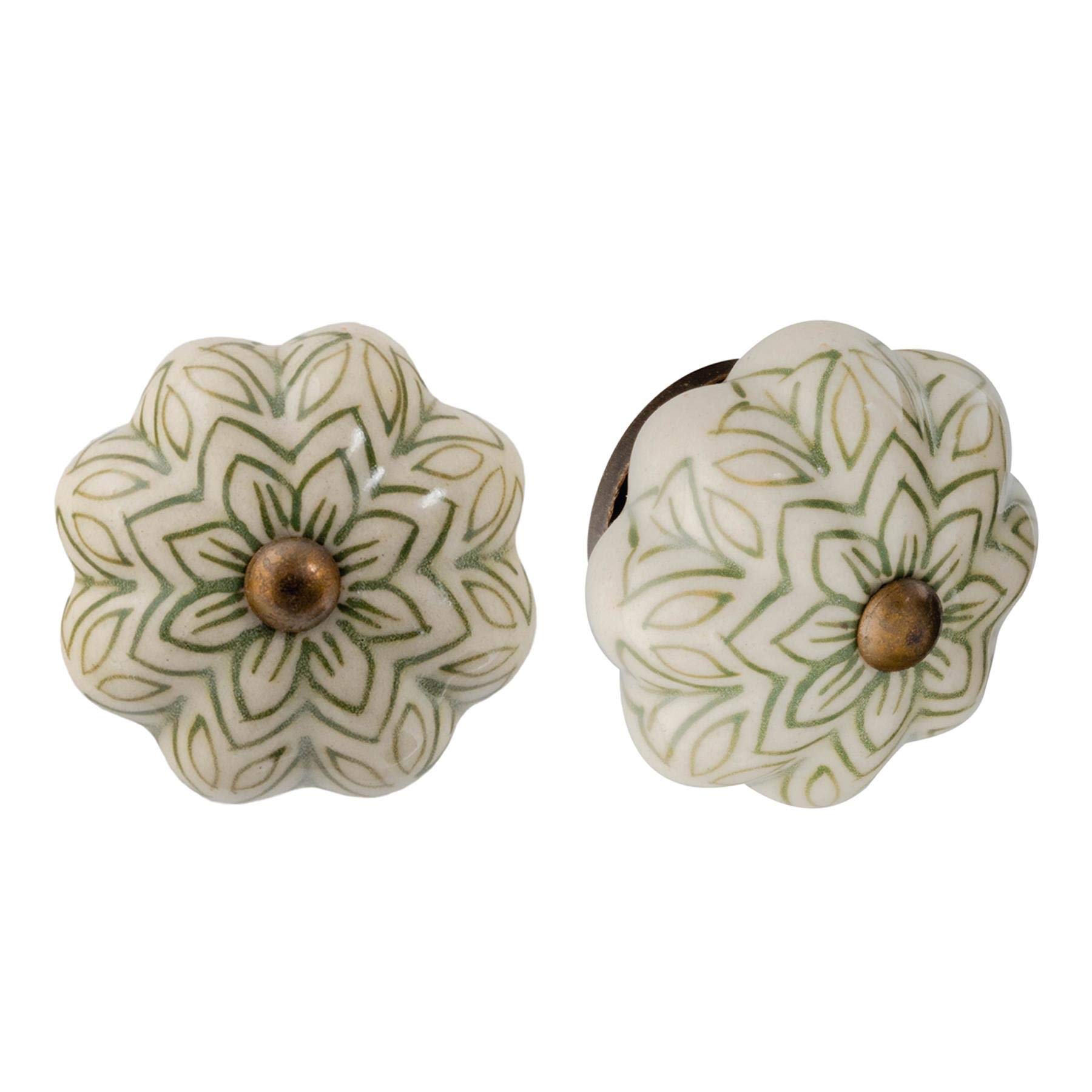 Nicola Spring Ceramic Cupboard Drawer Handle Knobs - Vintage Flower Design - Olive Green - Pack of 12