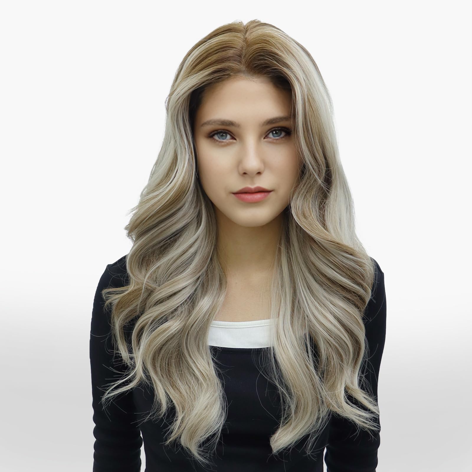 IMSTYLE Layer Cut Ashy Blonde Wig Warm Tone 13 * 6 Inches Free Parting Lace Front Wig Free Parting Lace Front Wig Synthetic Wavy Wigs 26 Inches for Women Daily,