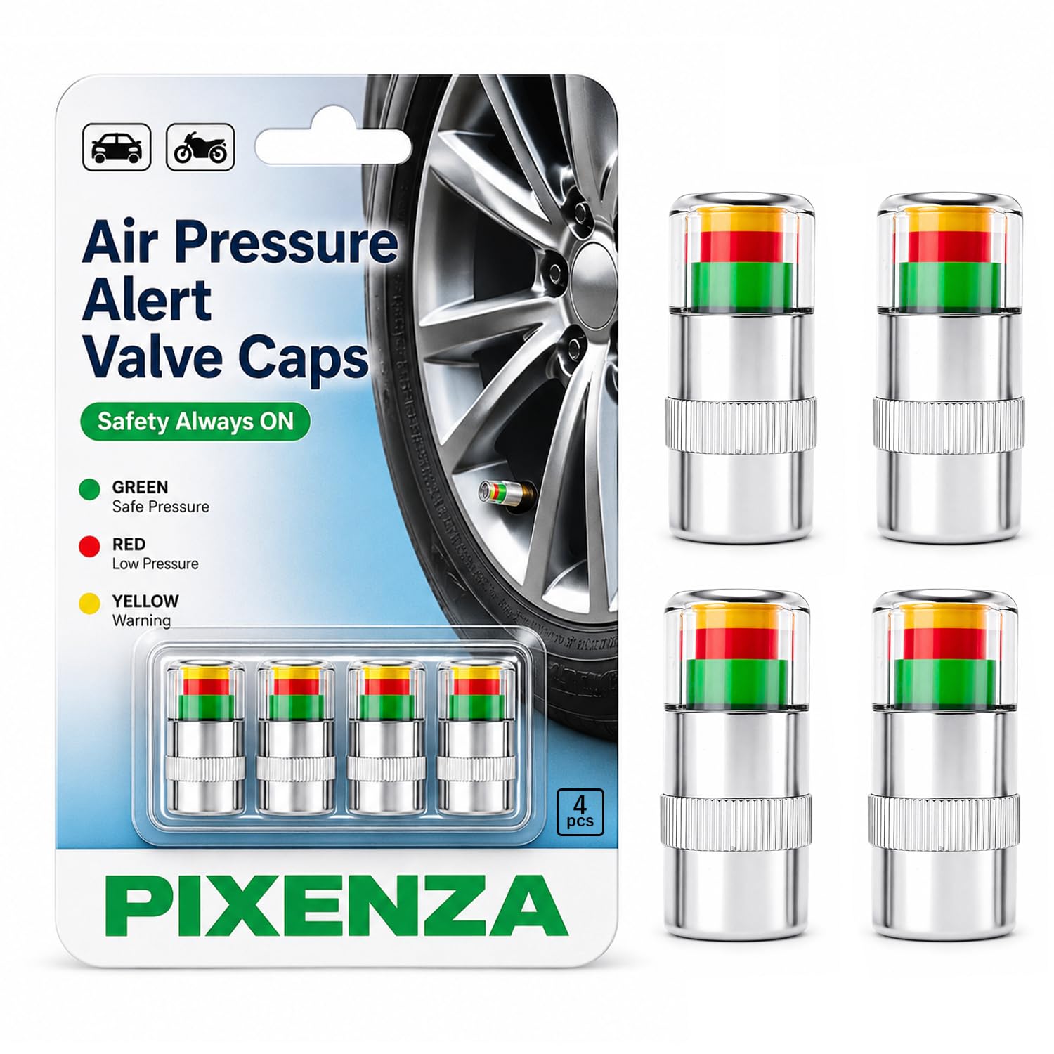 4PCS Tyre Pressure Alert Indicator Valve Caps, Anti-Rust Brass Core, 2.4Bar 35PSI Universal Car Tyre Pressure Checker with 3-Color Indicator for Car SUV & Bike. (4pcs - Silver)-image-23