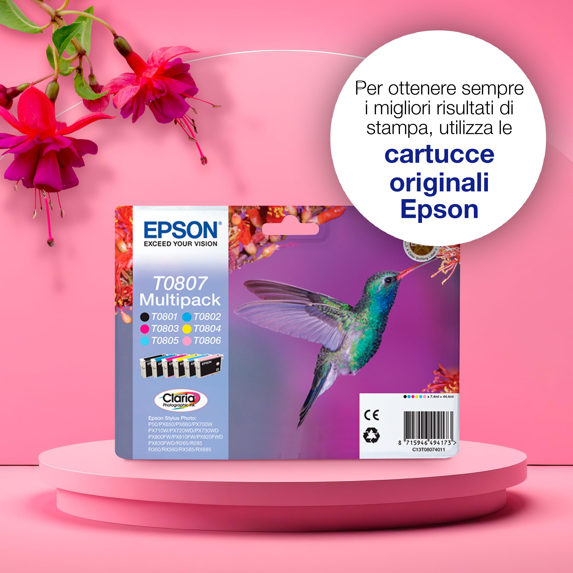 Epson Multipack di cartucce originali Colibrì T0807-6 colori: Cartuccia nero, ciano chiaro, magenta chiaro, magenta, giallo - 6 x 7,4 ml