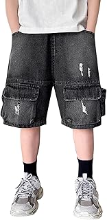 2025 - Pantalones cortos de mezclilla cargo para niños, cómodos, casuales, para el verano, jugar al aire libre, pantalones cortos de trabajo duraderos con bolsillos para la escuela y el uso diario