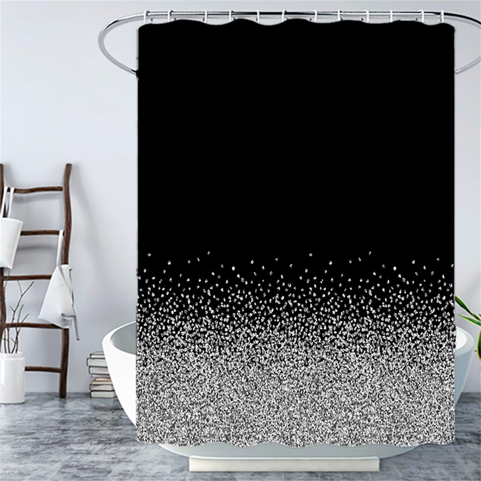 Rideau Douche Noir Motif, Éclair Rideau de Douche 180x240 cm, Polyester Shower Curtain Lavable Imperméable Tissu, Séchage Rapide, avec 12 Plastique Crochets pour Famille Hôtel Baignoire Decor YL-481