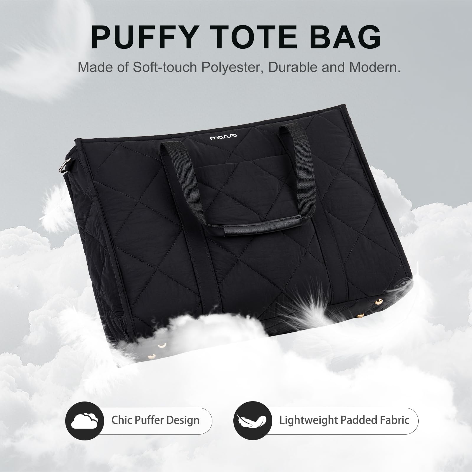 MOSISO Tote Acolchado Portátil para Mujer, Bolso Portátil 15-15,6 Pulgadas | Bolsos Trabajo Gran Capacidad Bolsos Hombro Ligeros e Informales con Portavasos para Profesores Oficinas y Viajes, Negro